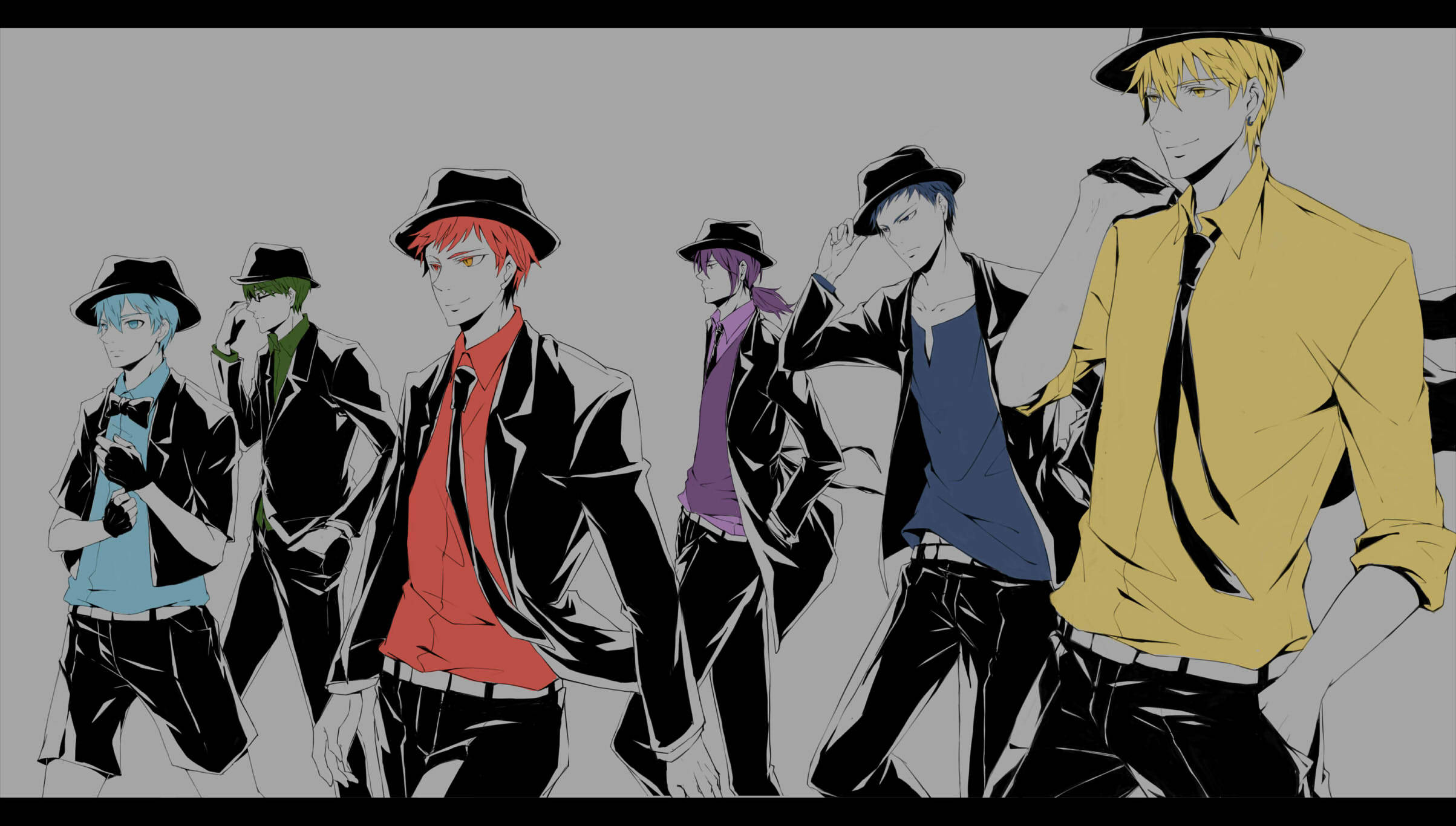 Kuroko 桌布 壁紙 — 六個動畫男人戴著軟呢帽和時尚服裝，在純灰色背景前站成一排。