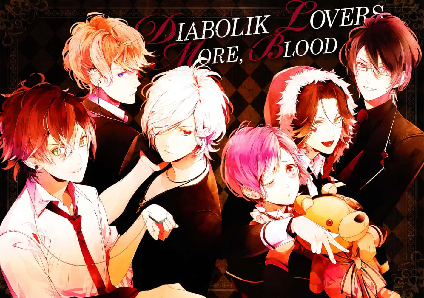 Diabolik Lovers 桌布 壁紙 — 六個動畫男孩，擁有鮮豔的髮色和強烈的表情，在深色格紋背景前戲劇性地擺姿勢，標題為「DIABOLIK LOVERS, BLOOD」。