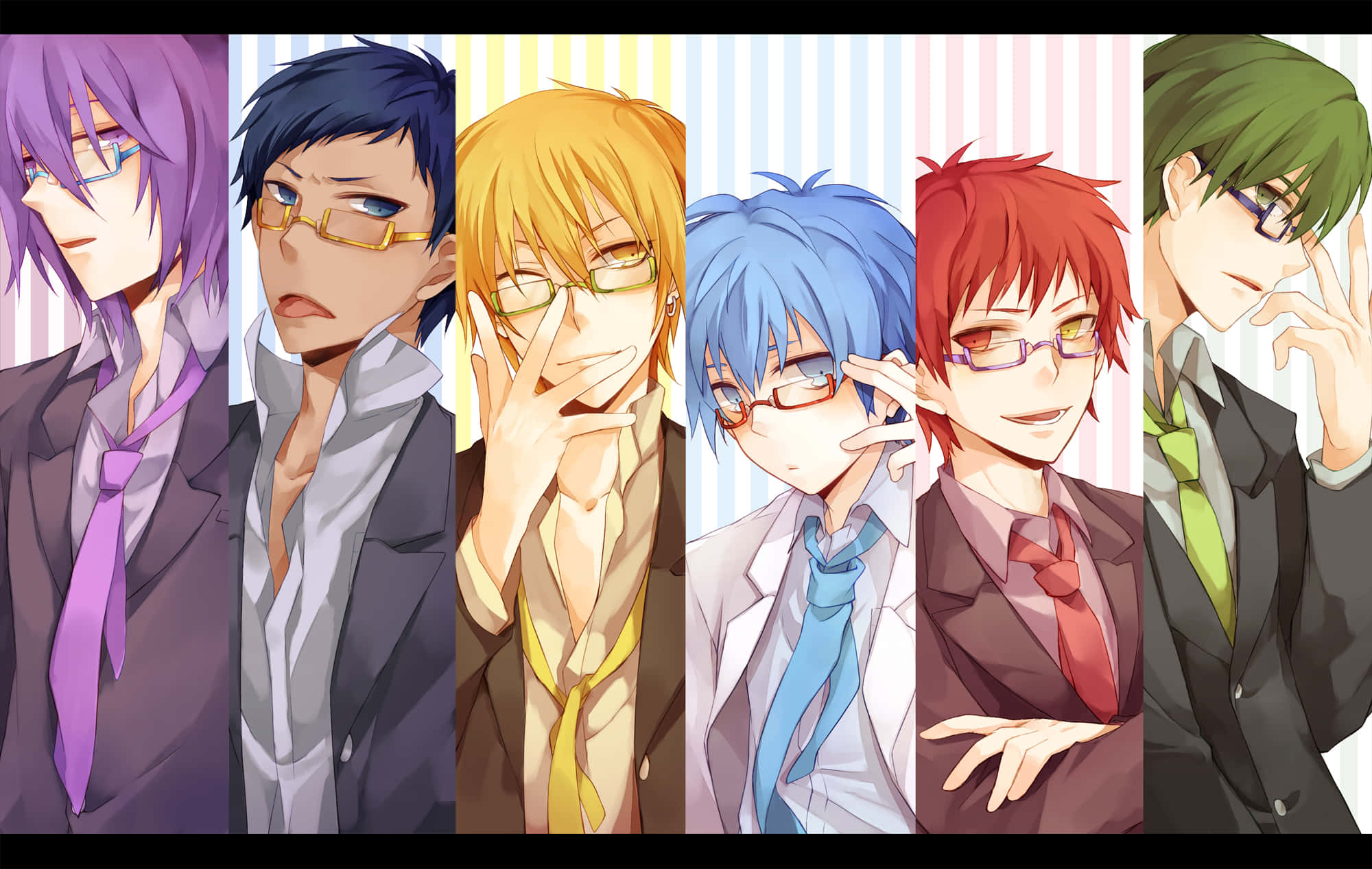 Kuroko No Basket 桌布 壁紙 — 六個動畫男孩，頭髮色彩繽紛，戴著眼鏡，穿著正式服裝，在條紋背景前擺姿勢。