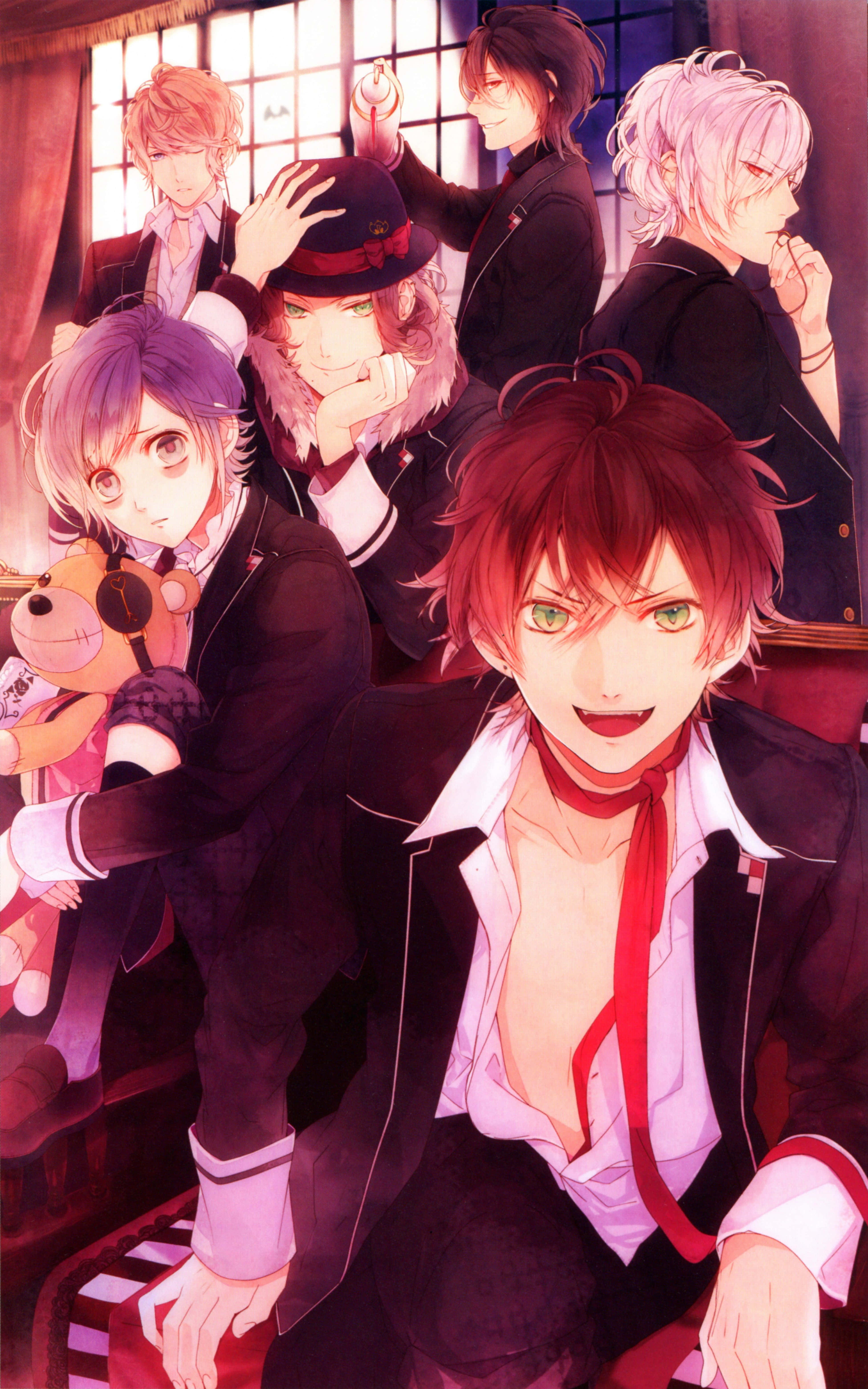 Diabolik Lovers 桌布 壁紙 — 六個動畫男孩穿著正式服裝，在一個有大型窗戶和窗簾的溫暖照明房間裡一起擺姿勢。