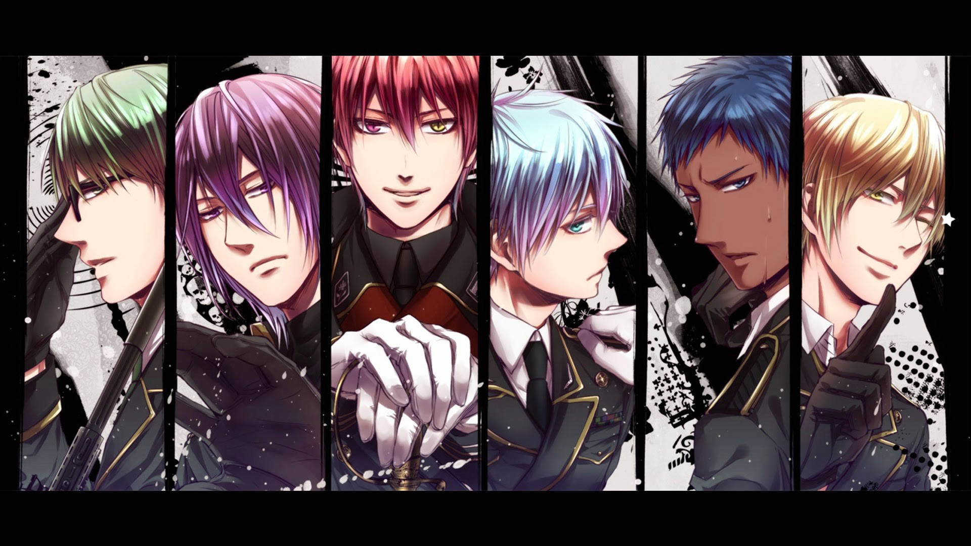 Kuroko 桌布 壁紙 — 六個動畫男性角色，擁有不同的髮色和嚴肅的表情，排成一排站在深色抽象背景前。