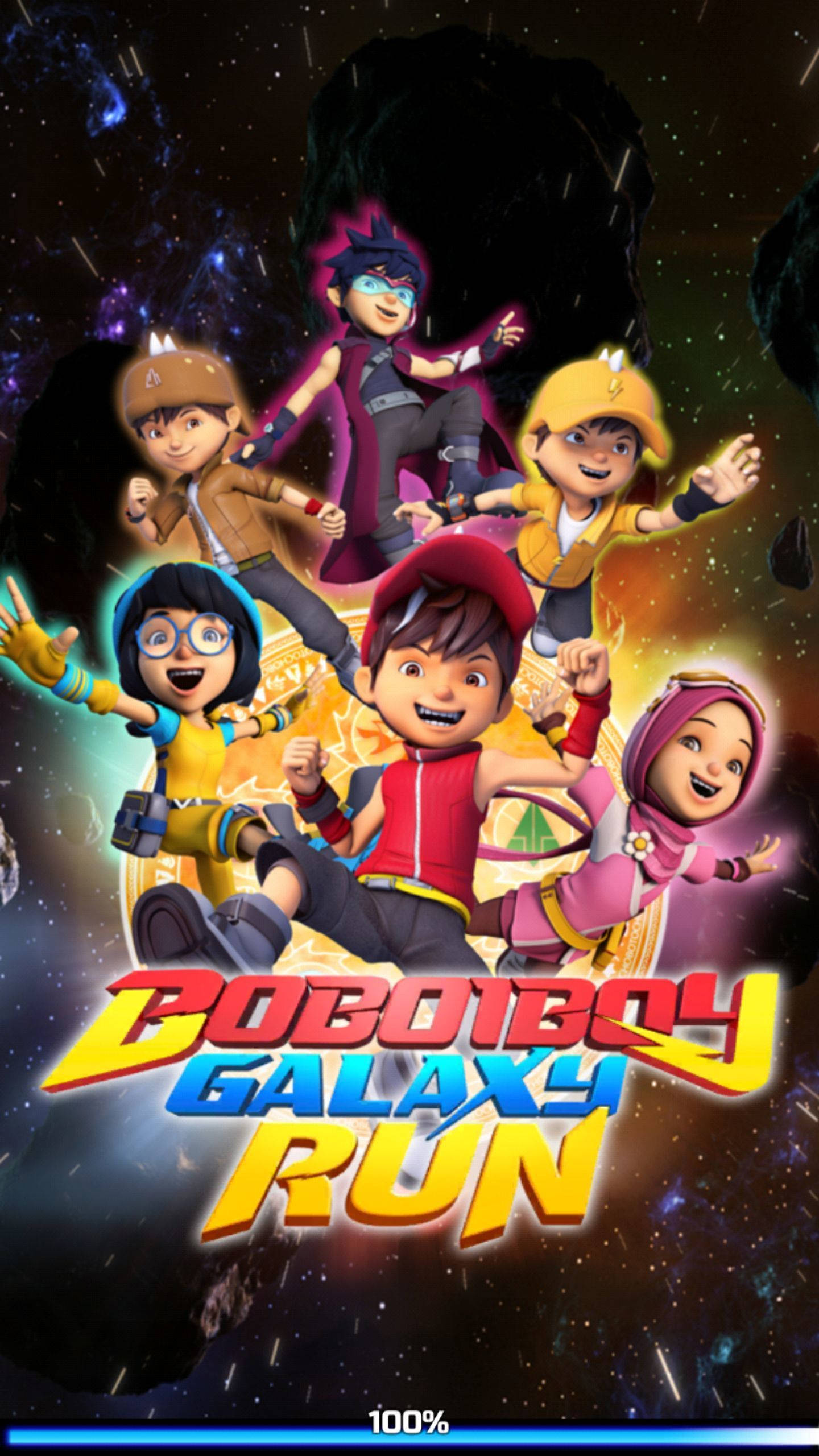 Cartoon Boy 桌布 壁紙 — 六個動畫英雄穿著色彩繽紛的服裝，在星星、星雲和漂浮小行星的宇宙背景下動態跳躍。