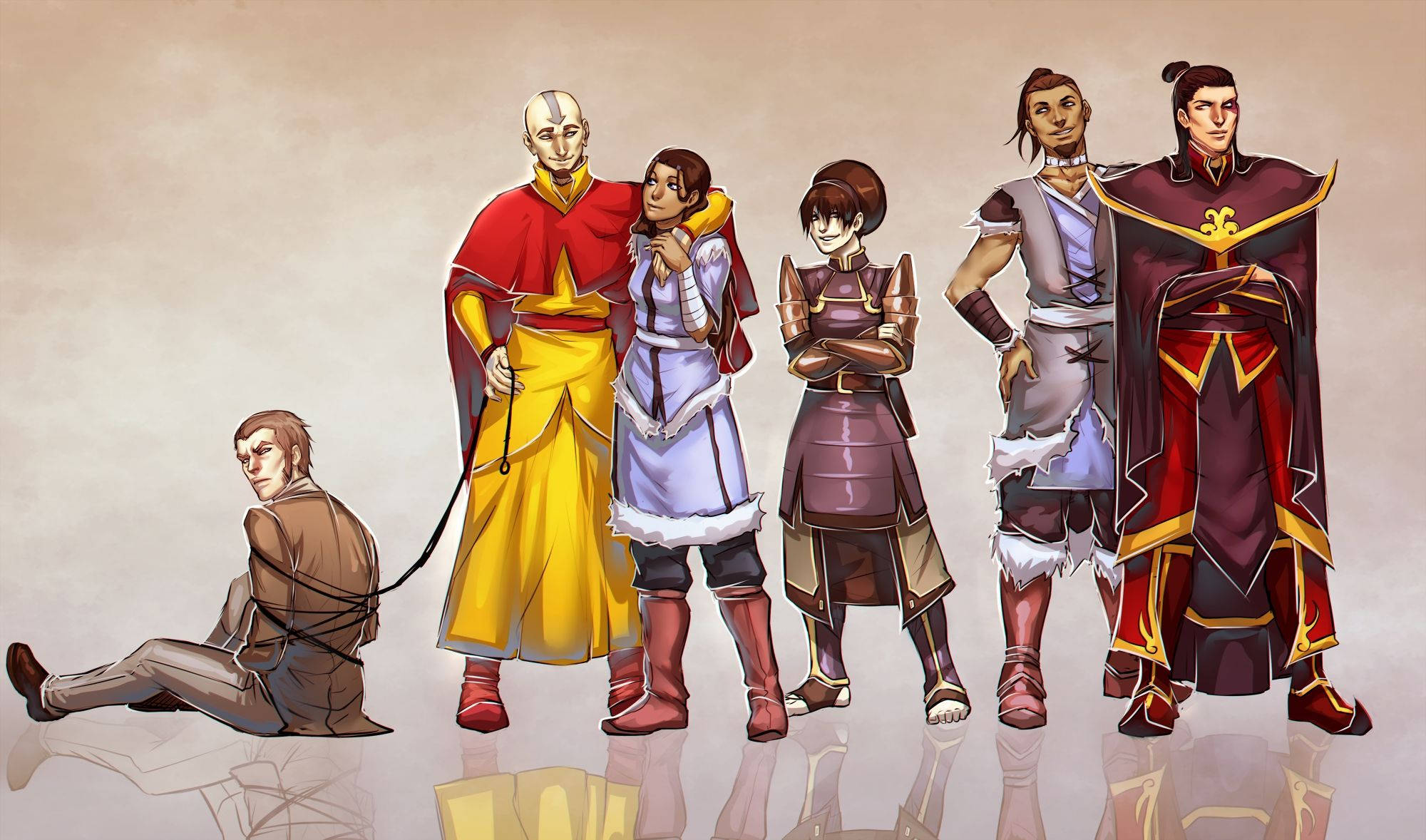 Airbender 桌布 壁紙 — 六個動畫角色穿著精緻服裝排成一列，其中一個跪在反光地板上，背景為純米色。