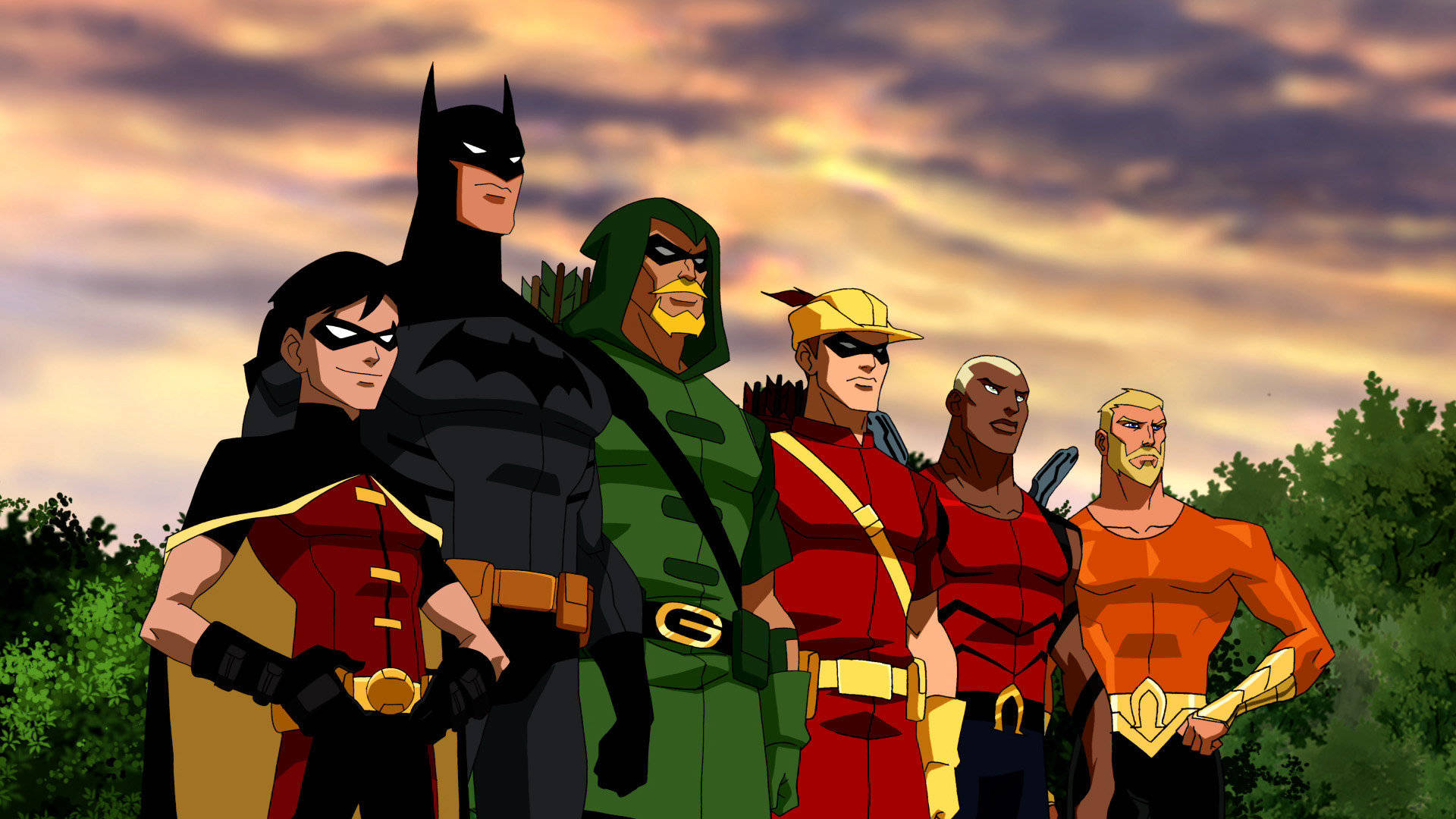 Young Justice 桌布 壁紙 — 六個動畫超級英雄自信地排成一排，背景是戲劇性的日落天空，樹木在他們身後。