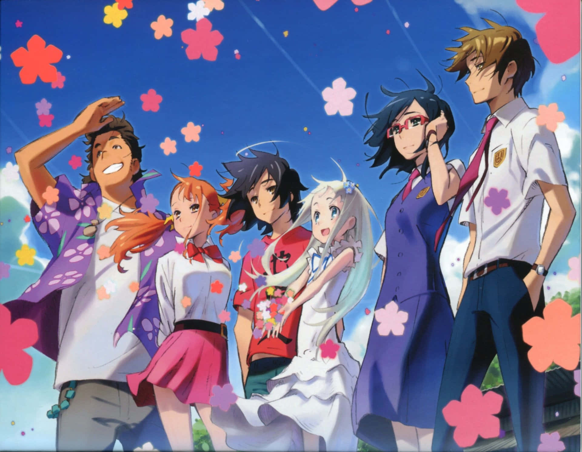 Anohana 桌布 壁紙 — 六個動畫青少年穿著校服和休閒服，站在晴朗的藍天下，沐浴在色彩繽紛的櫻花中。