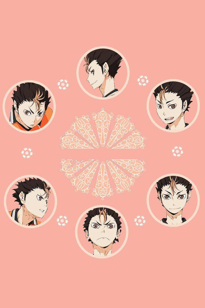 yu nishinoya 桌布 壁紙 — 六個動畫風格的男性排球員肖像，以圓形框架排列在裝飾性花卉圖案周圍，背景為柔和粉紅色。
