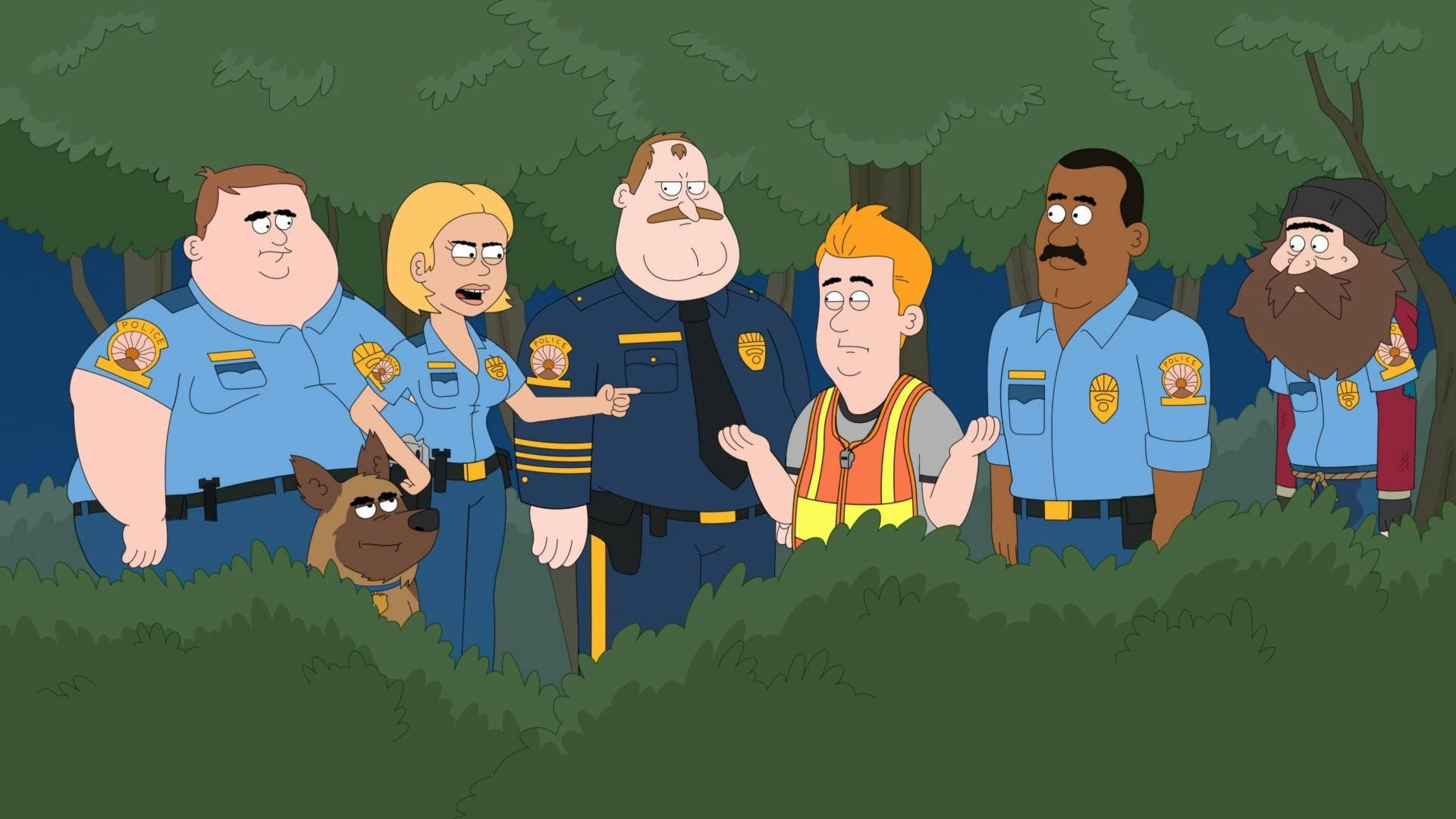 森林 桌布 壁紙 — 六個卡通警察和一隻狗站在茂密的綠色森林中，看起來很驚訝。