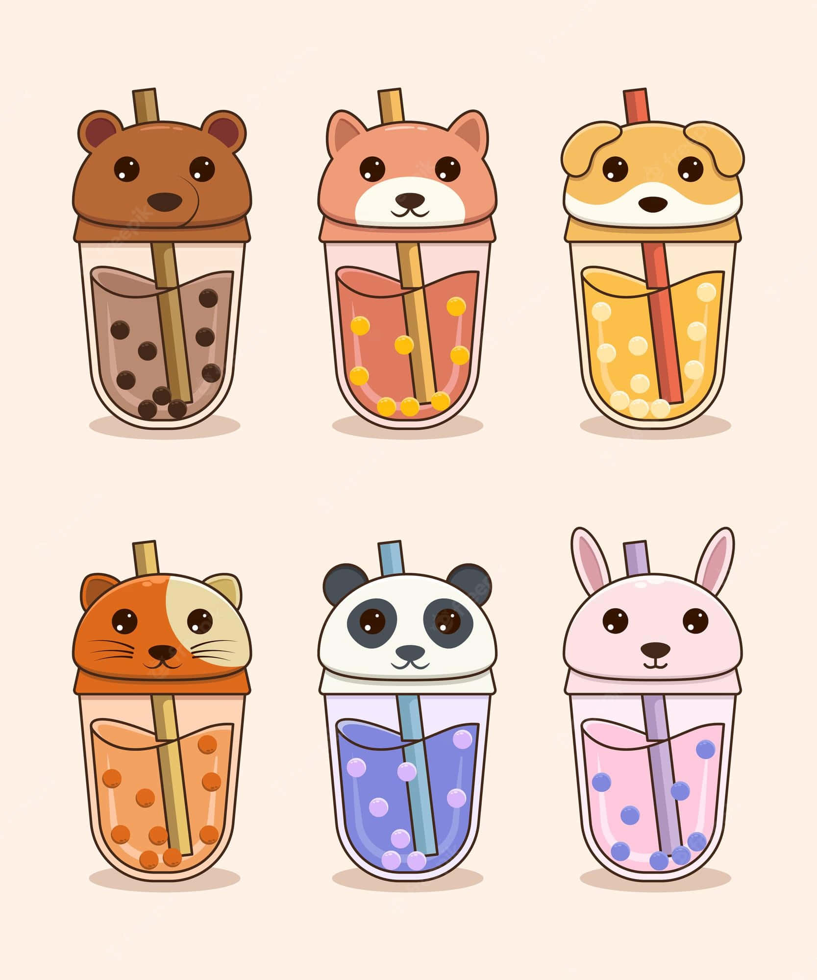 Boba 桌布 壁紙 — 六個可愛動物主題的珍珠奶茶杯，帶有卡通臉孔和彩色珍珠在粉彩飲料中。