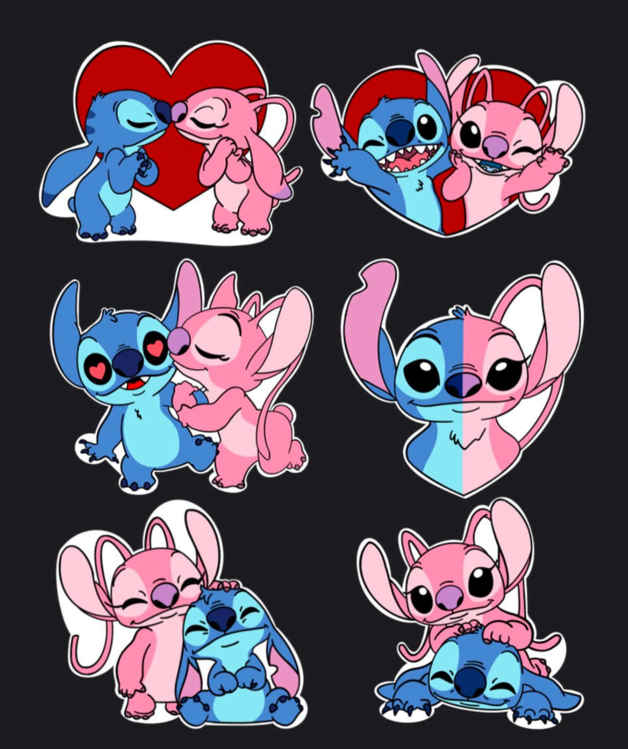 Love Stitch And Angel 桌布 壁紙 — 六個可愛卡通角色在愛心形狀的相框內，於深色背景上以親吻和擁抱表達愛意。