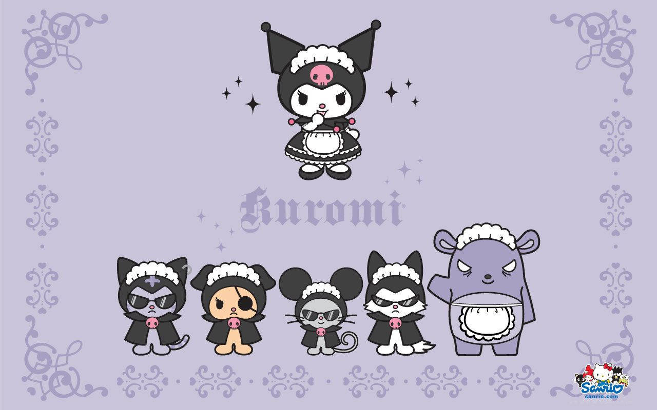 sanrio 桌布 壁紙 — 六個可愛的Sanrio角色穿著黑色女僕裝，帶有白色荷葉邊和粉紅色鼻子，站在薰衣草背景前，飾有華麗邊框和閃光。