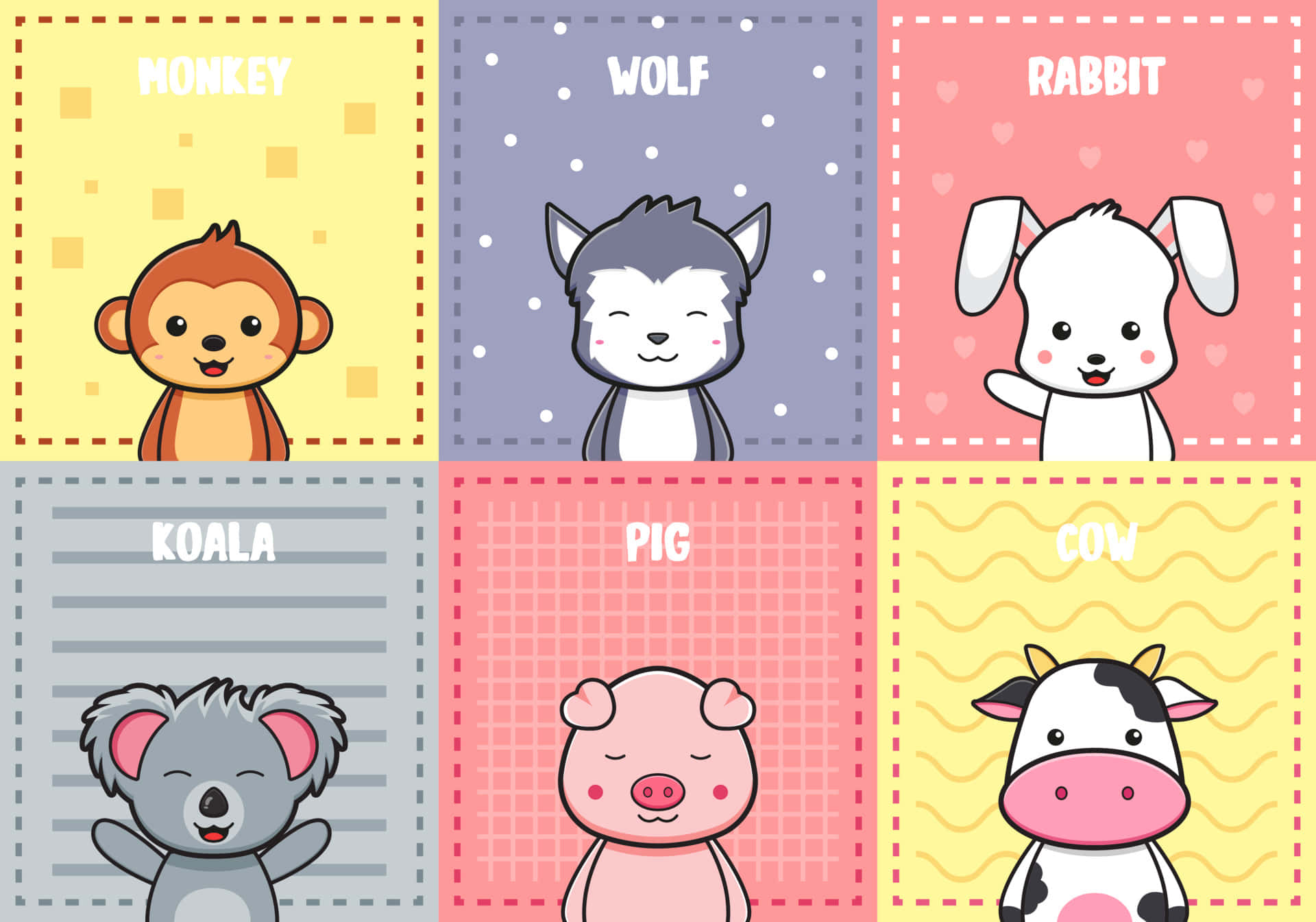 Cartoon Animal 桌布 壁紙 — 六個可愛的卡通動物，每個都在一個色彩繽紛的框架面板中，上面有它們的名字。