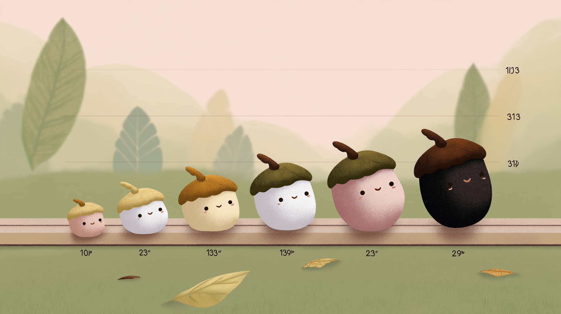 Cheerful Acorn Progression Chart on a Natural Background 壁紙 — 六個可愛的卡通橡子，帶著笑臉，排成一排坐在木欄杆上，背景是柔和的粉彩森林。