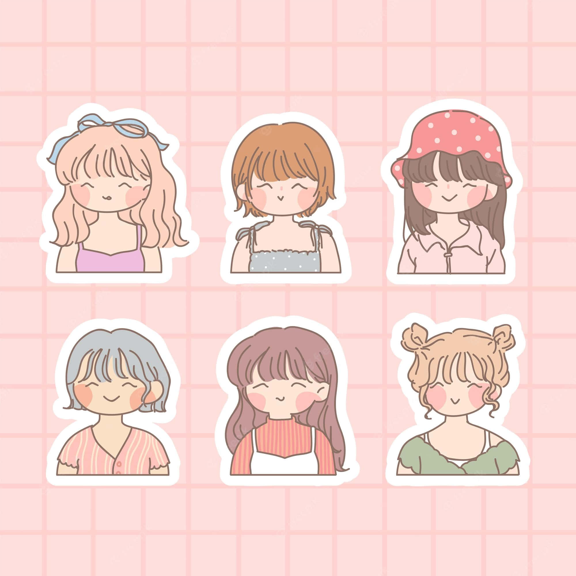 Cute Girl 桌布 壁紙 — 六個可愛的插圖女孩貼紙，閉著眼睛，臉頰紅潤，背景是粉紅色網格。