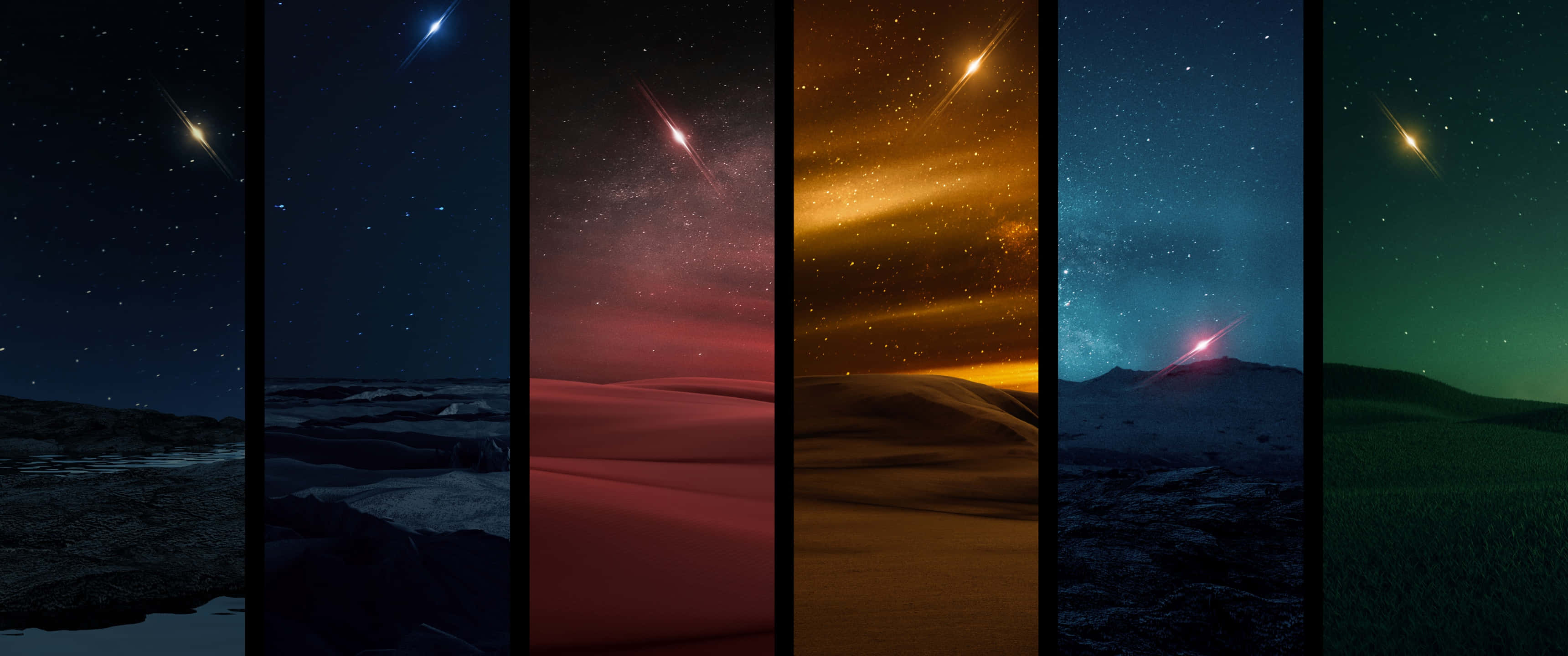 背景 桌布 壁紙 — 六個垂直面板展示了星空下不同地形上流星劃過的宇宙場景。