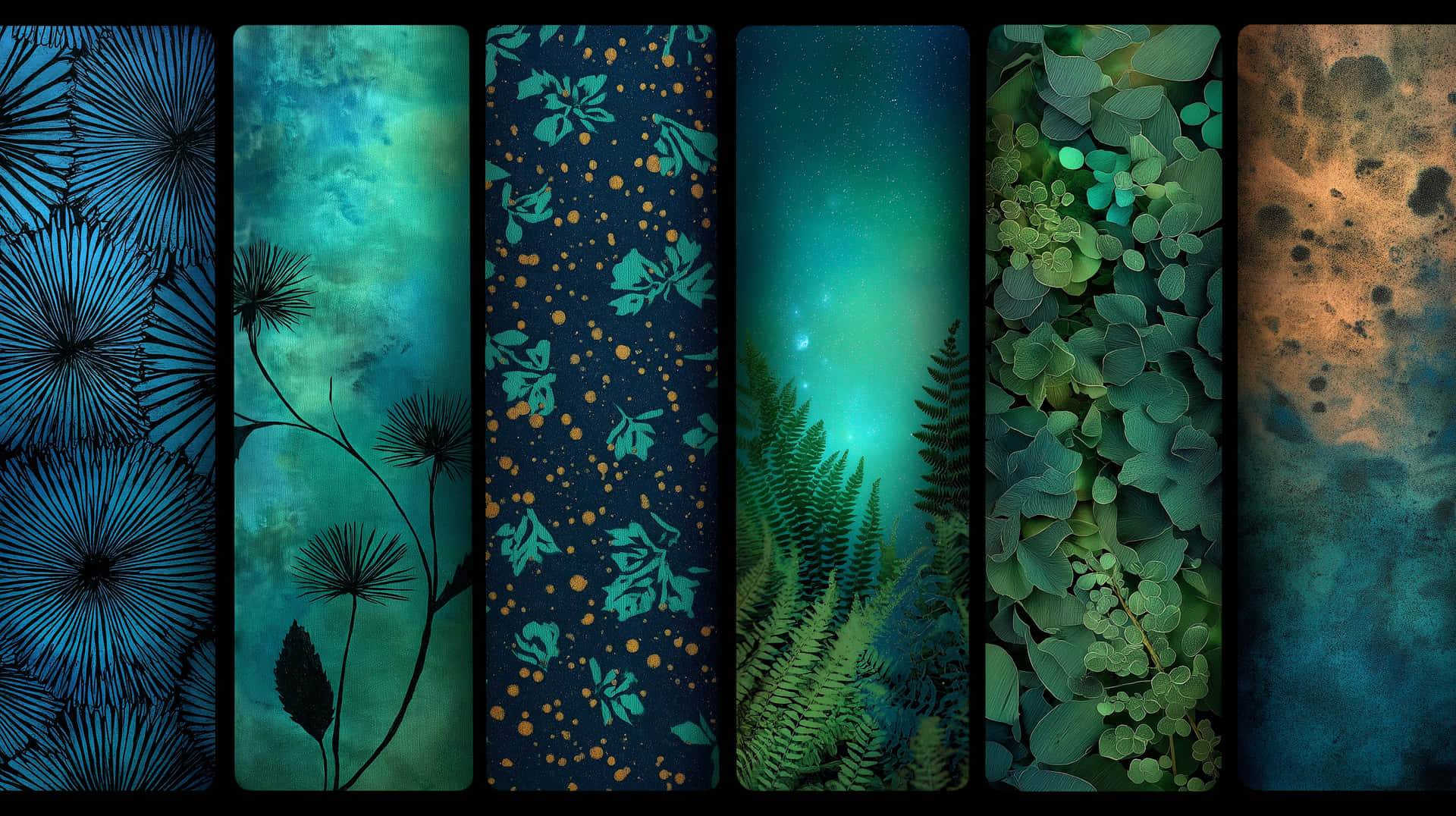 Abstract patterned panels with botanical and starry sky motifs 壁紙 — 六個垂直面板展示抽象植物和宇宙圖案，色調為藍綠色、綠色和大地棕色。