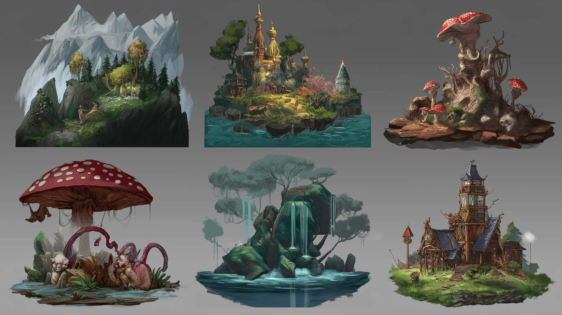 Fantasy Island City 壁紙 — 六個奇幻場景，包括巨型蘑菇、城堡、浮空島嶼和魔法森林，色彩鮮豔，紋理細緻。