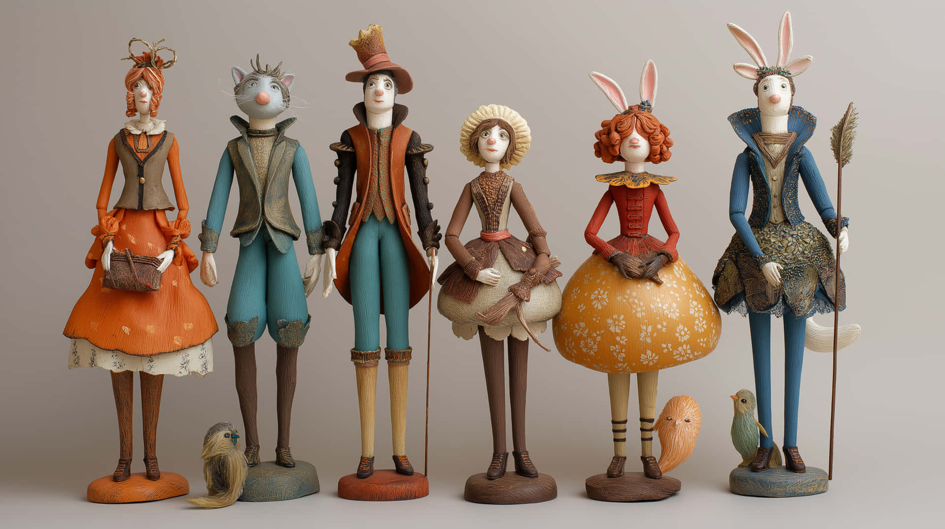 Artisan Fabric Dolls 壁紙 — 六個奇思妙想的手工製復古服飾小雕像排成一排，腳邊有小鳥。