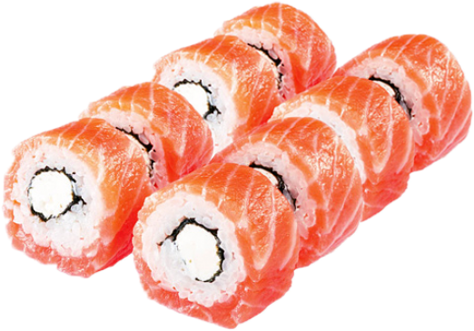 壽司 桌布 壁紙 — 六個完美排列的鮭魚壽司捲，搭配米飯和海苔，展現鮮豔的橙色魚肉和白色米飯。