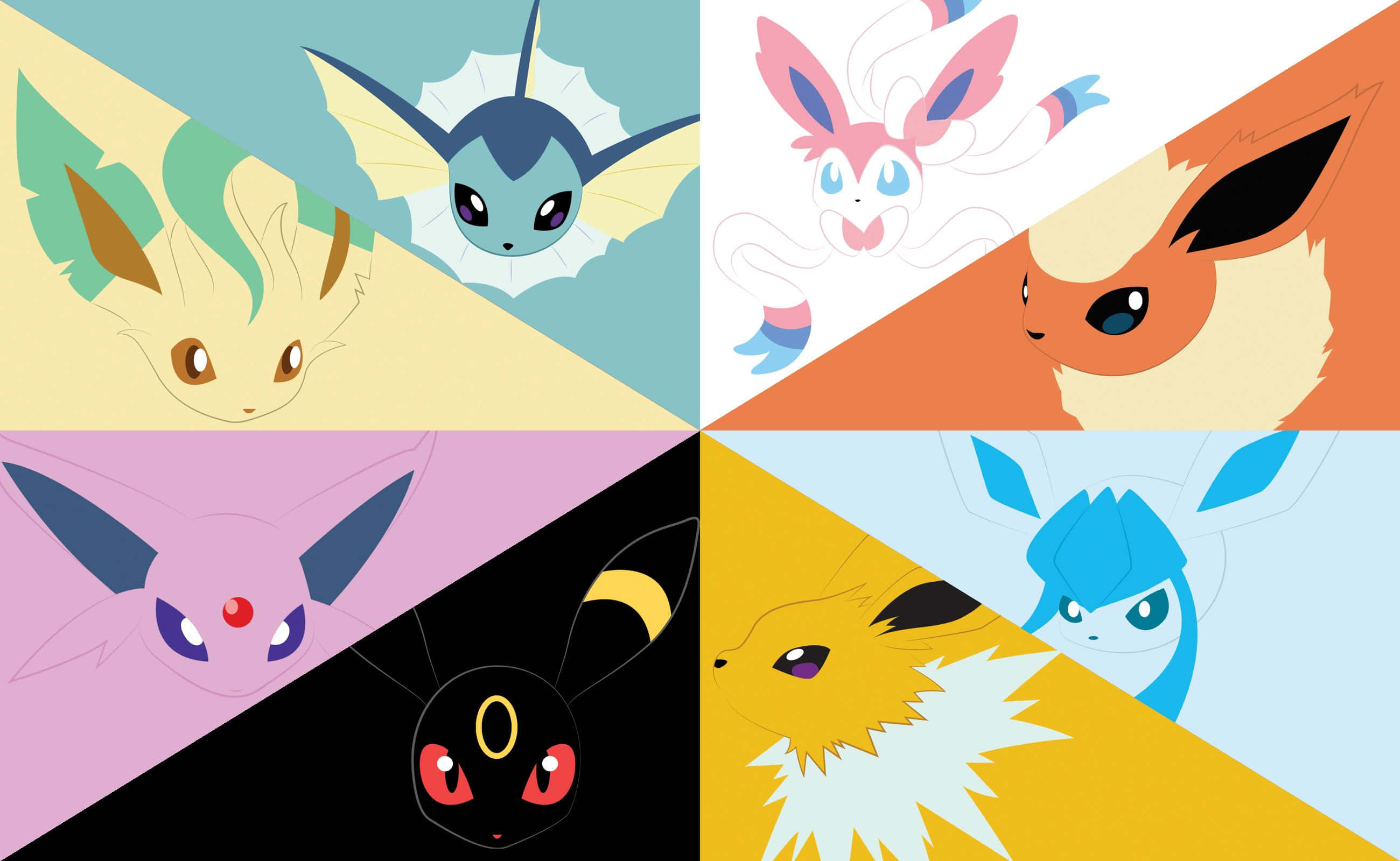 Cute Eevee 桌布 壁紙 — 六個寶可夢角色以鮮豔的幾何面板呈現，搭配大膽的色彩區塊和乾淨的數位藝術風格。