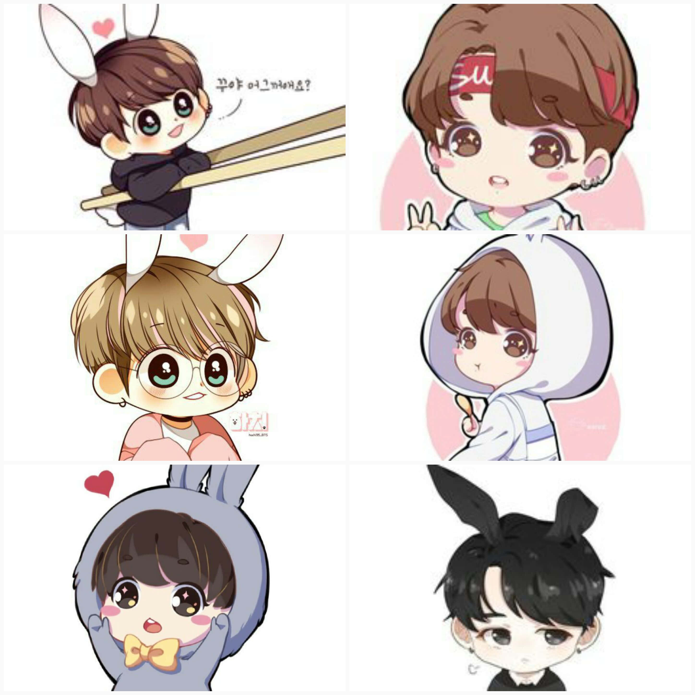Kpop Kawaii 桌布 壁紙 — 六個帶有兔耳和可愛表情的Q版動漫角色，背景為粉彩色調。