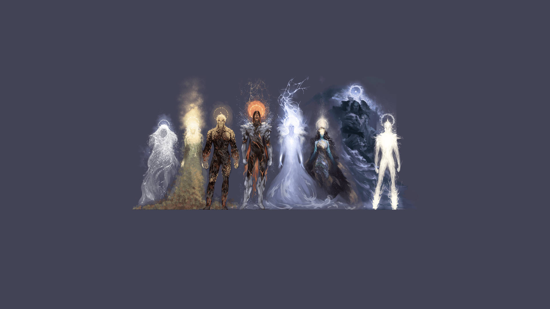 Lotr 桌布 壁紙 — 六個帶有發光光環和元素能量的神秘人物站在黑暗背景前，散發出力量和神秘感。