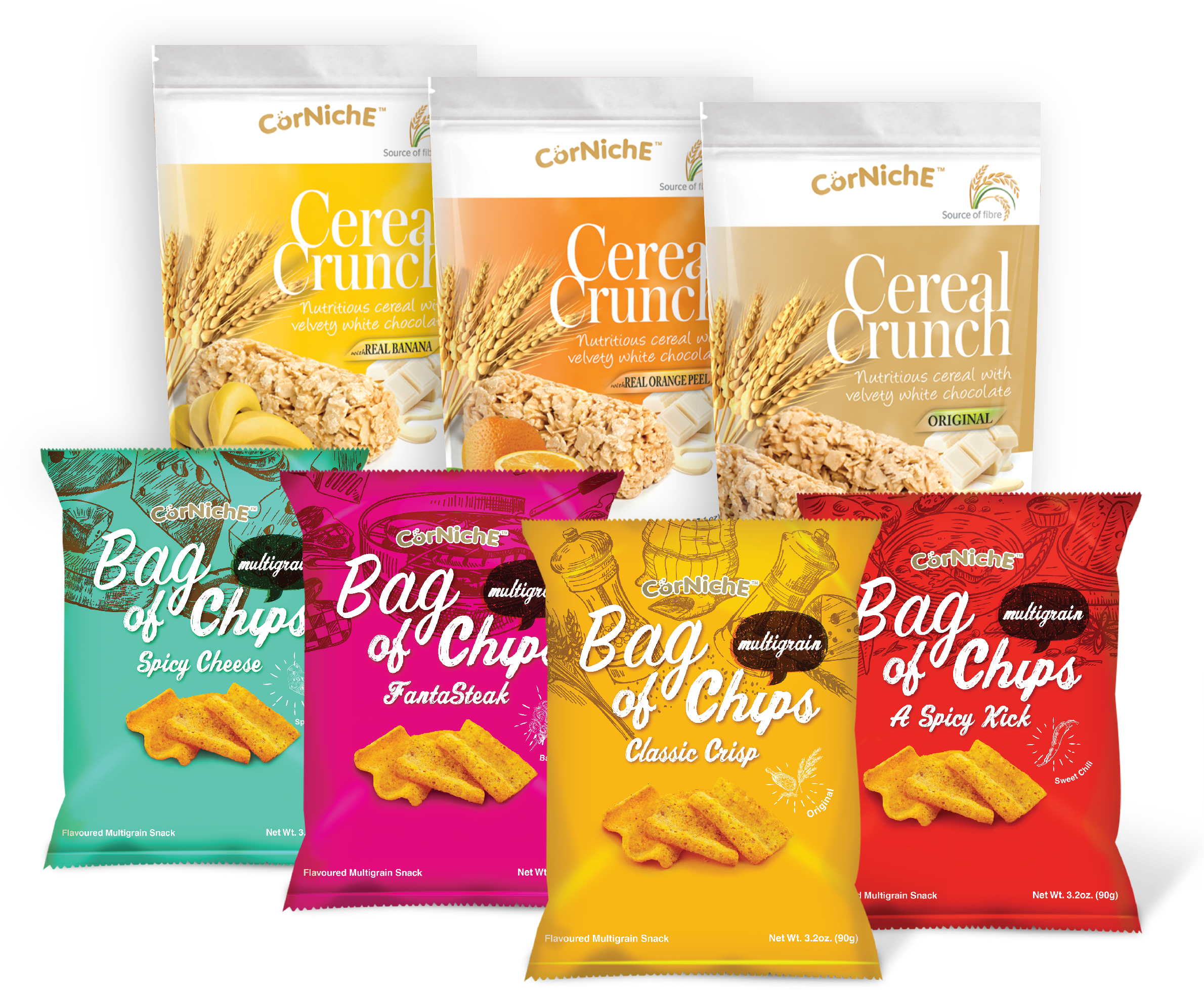 Snacks 桌布 壁紙 — 六個彩色Corniche零食袋在黑色背景上排成兩行，展示穀物脆片和多穀物薯片口味。