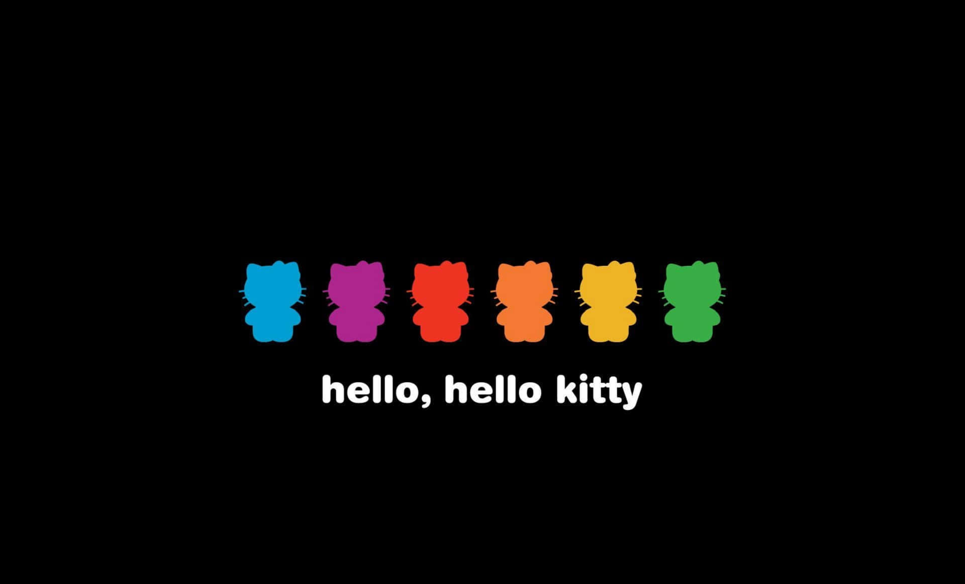 Hello Kitty Laptop 桌布 壁紙 — 六個彩虹色的Hello Kitty剪影排成一排，背景為黑色，下方有白色文字。