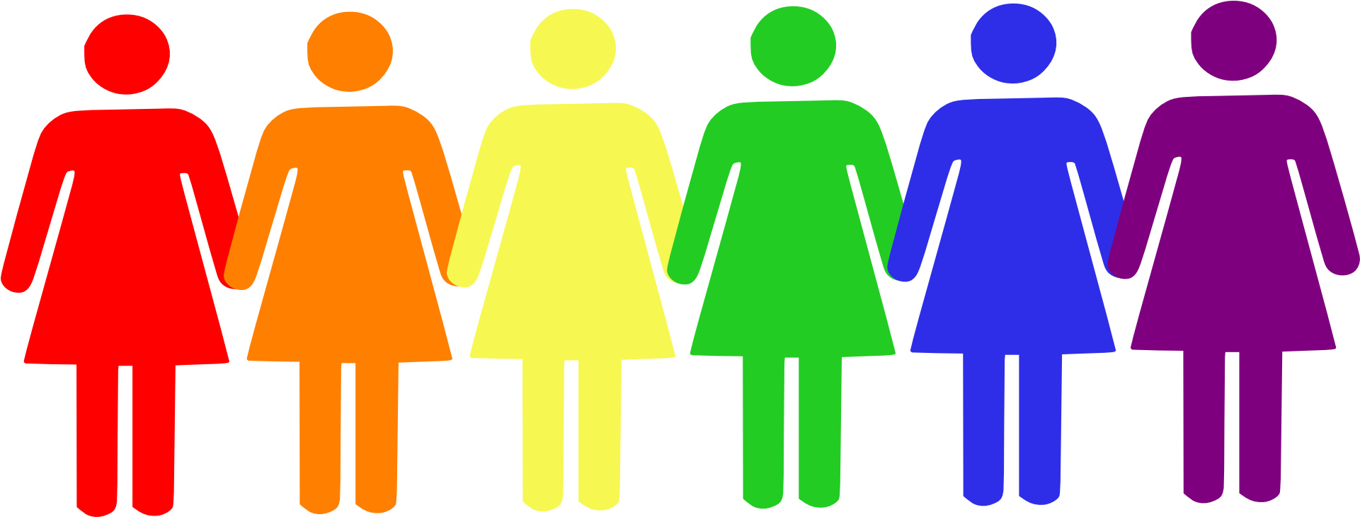 International Womens Day 桌布 壁紙 — 六個彩虹色的女性火柴人排成一排，手牽手，背景為黑色。