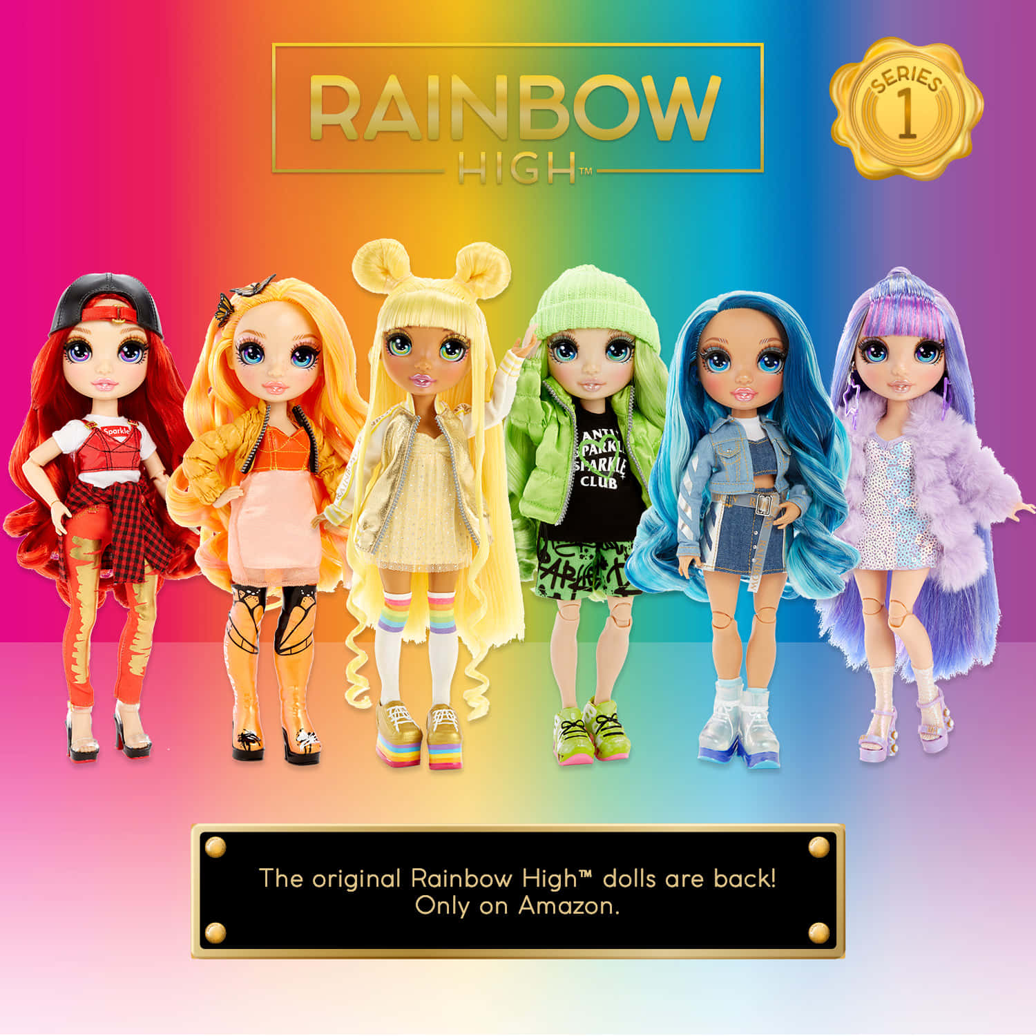 Rainbow High 桌布 壁紙 — 六個彩虹高中娃娃，擁有色彩繽紛的頭髮和時尚服裝，站在充滿活力的彩虹漸變背景前。
