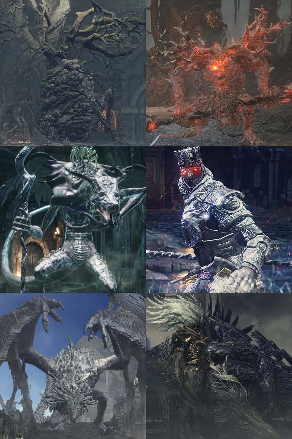 Dark Souls Bosses 桌布 壁紙 — 六個怪誕奇幻首領的拼貼畫，具有怪物般的設計和黑暗的氛圍設定。