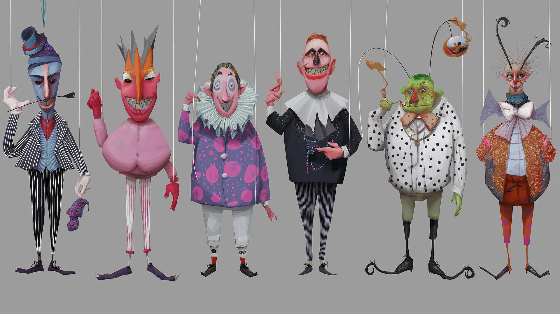 Fantastical Puppet Ensemble 壁紙 — 六個怪誕的木偶角色，帶有誇張的特徵和色彩繽紛的服裝，掛在純灰色背景前。