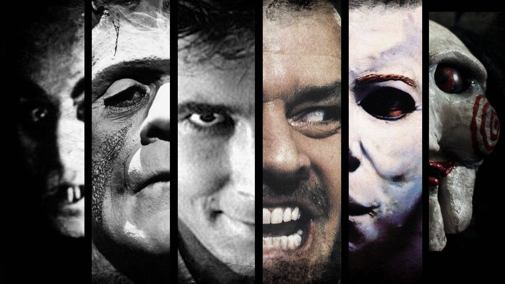 Horror Movie Collage 桌布 壁紙 — 六個恐怖電影反派以垂直面板顯示，表情強烈，燈光昏暗。