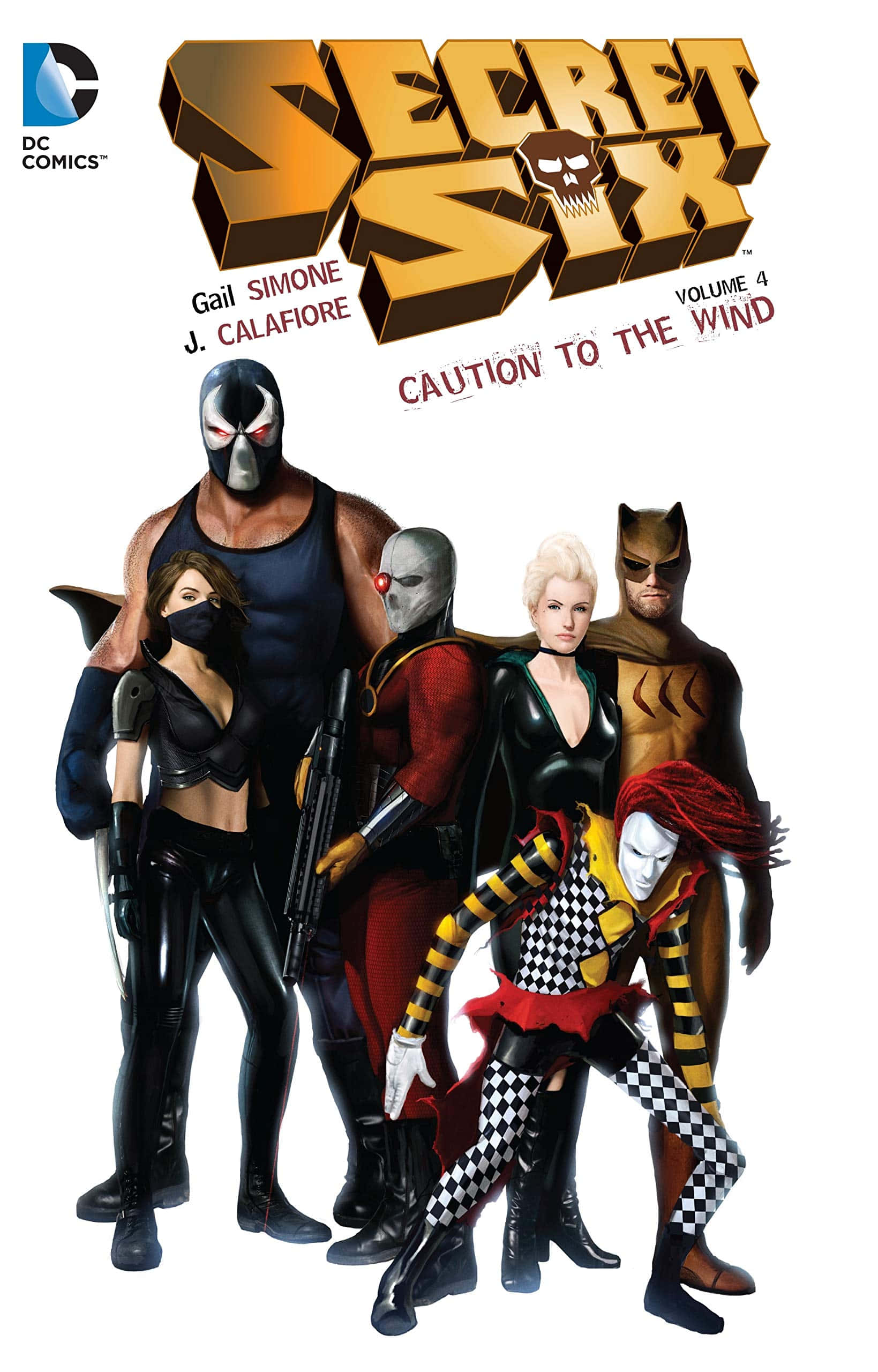 Secret Six 桌布 壁紙 — 六個戴面具的DC漫畫反派以動態群體姿勢站在純白背景上，並帶有粗體標題文字。