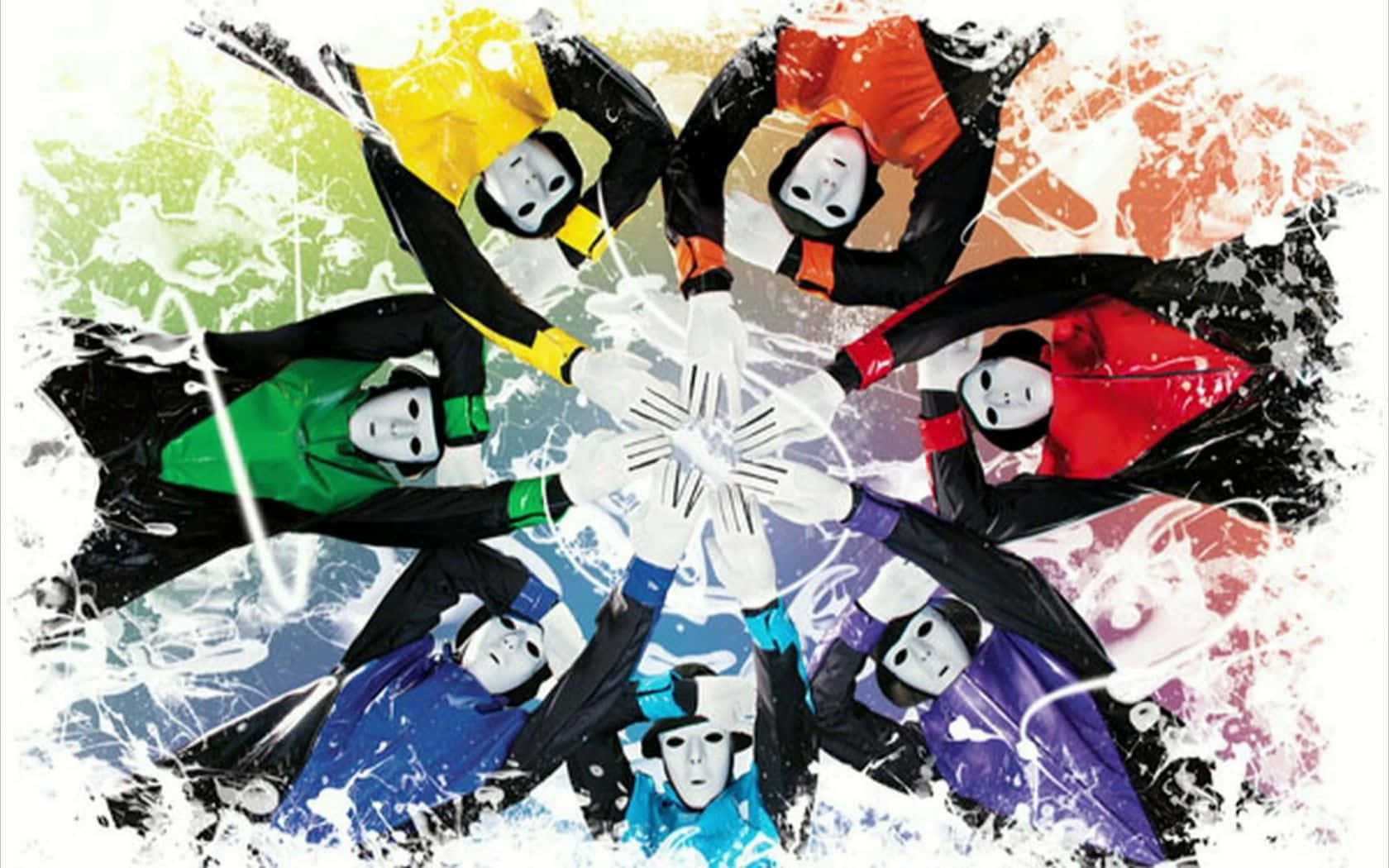 Jabbawockeez 桌布 壁紙 — 六個戴面具的人物穿著色彩繽紛的夾克，戴著手套的手向內伸展，在潑濺的背景上形成星爆。