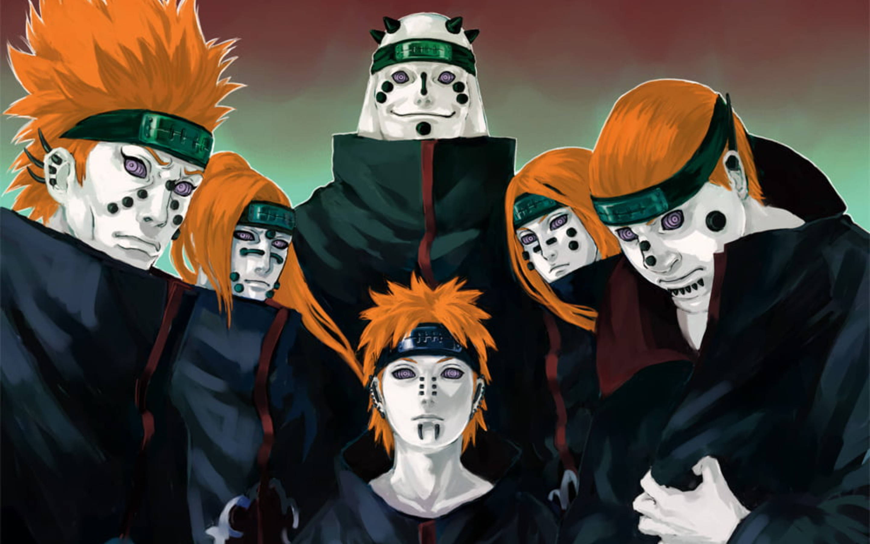 akatsuki phone 桌布 壁紙 — 六個戴面具的動漫角色，橙色頭髮和黑色斗篷，在紅色和綠色漸變背景前擺出戲劇性的群體姿勢。