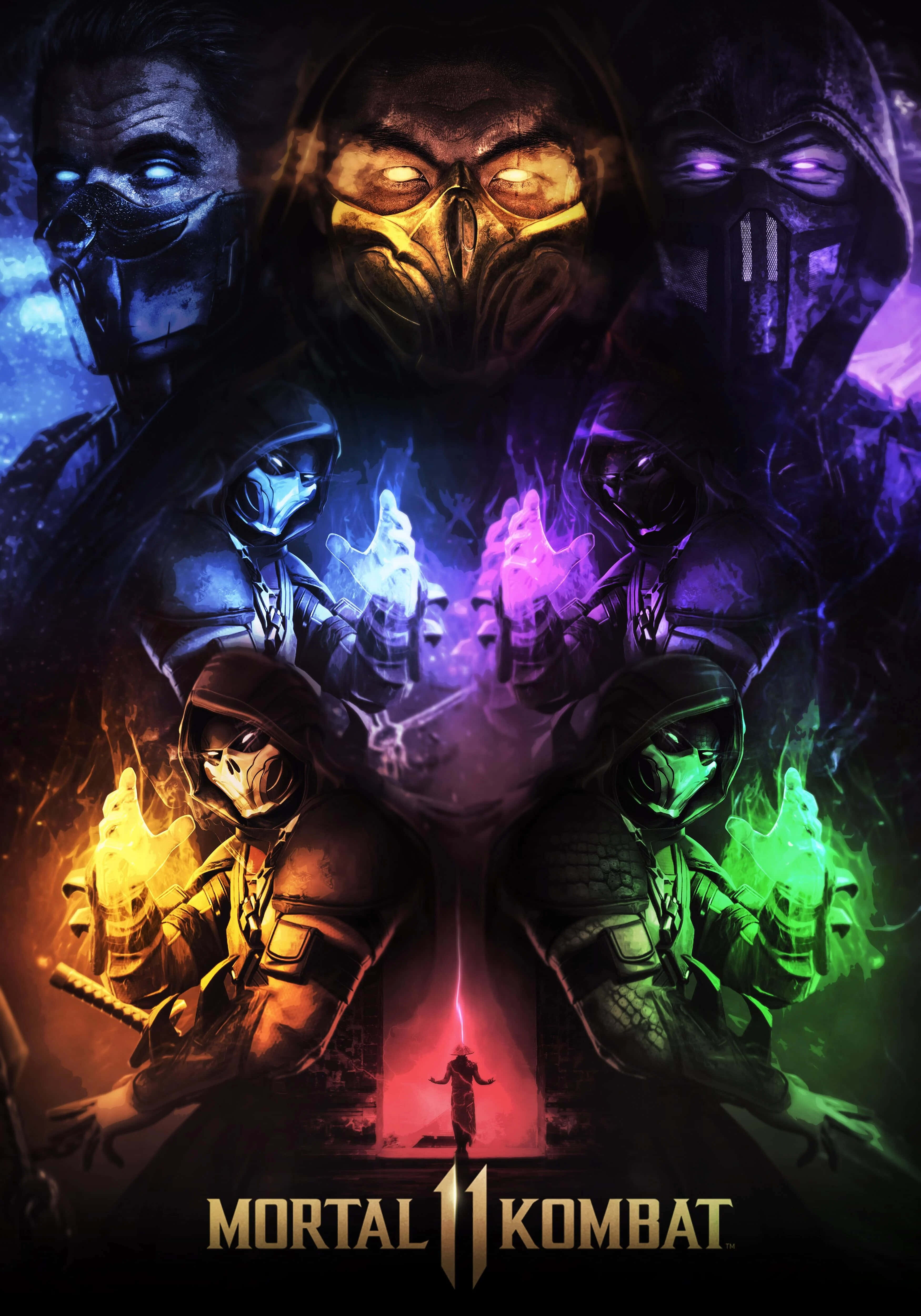 真人快打 桌布 壁紙 — 六個戴面具的戰士在《Mortal Kombat 11》的黑暗電影海報中散發超自然能量。