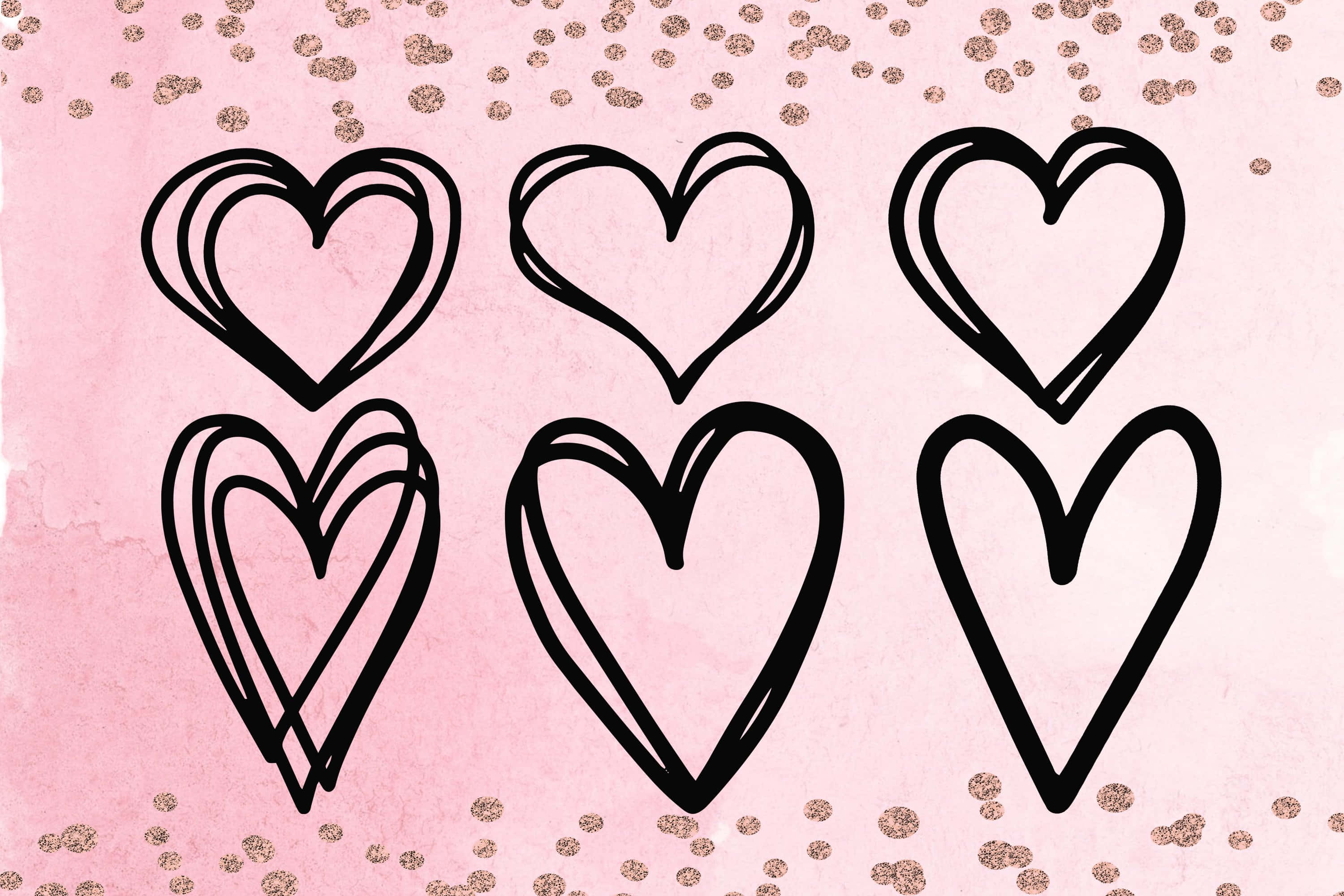 Heart Doodle 桌布 壁紙 — 六個手繪黑色心形輪廓漂浮在帶有金色亮粉的柔和粉紅色水彩背景上。
