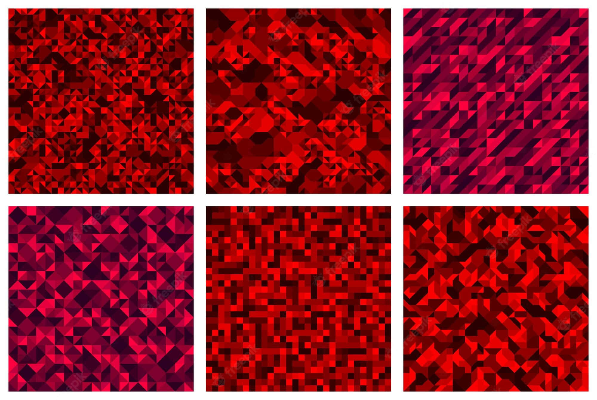 Red Collage 桌布 壁紙 — 六個抽象幾何圖案，採用不同深淺的紅色和洋紅色，帶有三角形切面。