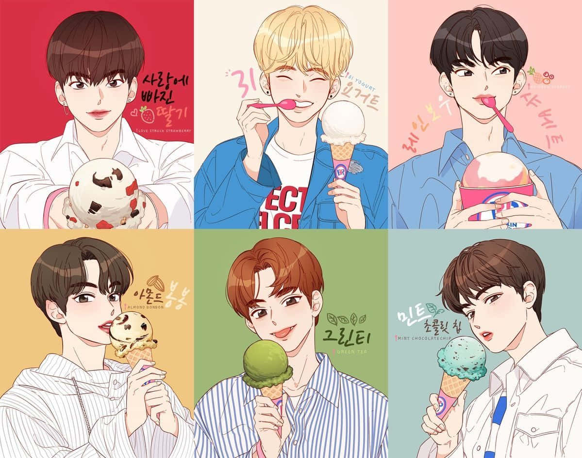 Kpop Kawaii 桌布 壁紙 — 六個插圖年輕男子各自享受不同口味的冰淇淋，背景為色彩鮮豔的純色。