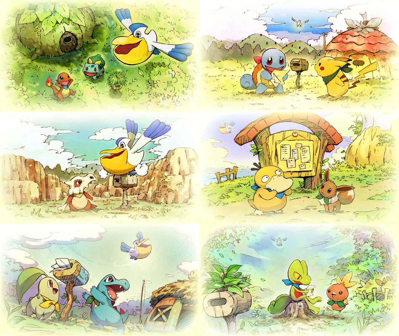 Pokemon Mystery Dungeon 桌布 壁紙 — 六個插圖面板展示色彩繽紛的寶可夢角色，在明亮的天空下，有樹木、岩石和小屋的歡樂戶外場景。
