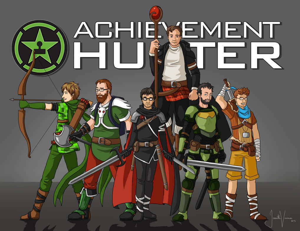 achievement hunter 桌布 壁紙 — 六個插圖風格的奇幻裝備冒險者在「Achievement Hunter」標誌下自信地擺姿勢。