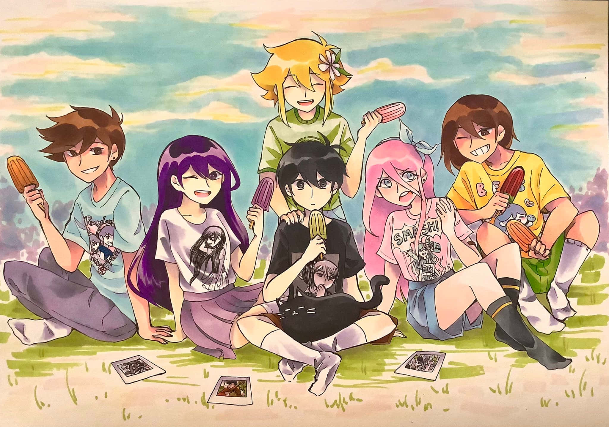 omori 桌布 壁紙 — 六個擁有彩色頭髮的動漫角色坐在草地上，在柔和的粉彩天空下享用冰淇淋。