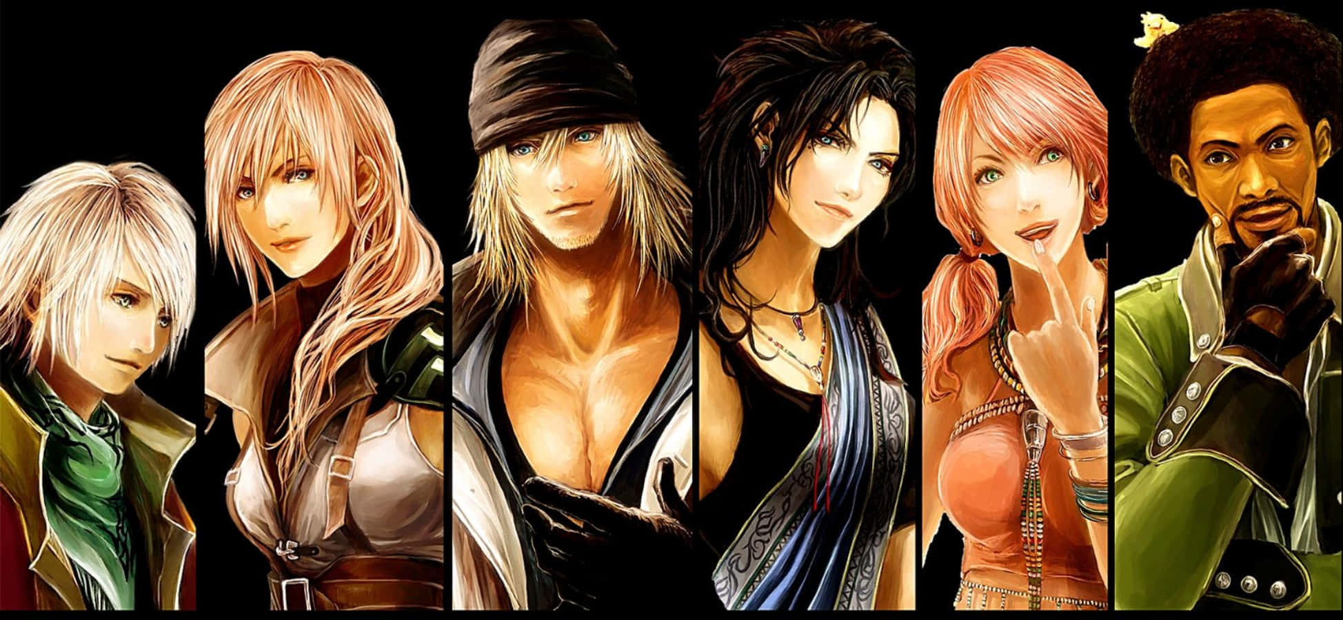 Final Fantasy Characters 桌布 壁紙 — 六個擁有獨特髮型和服裝的動漫角色排成一排，站在黑色背景前。