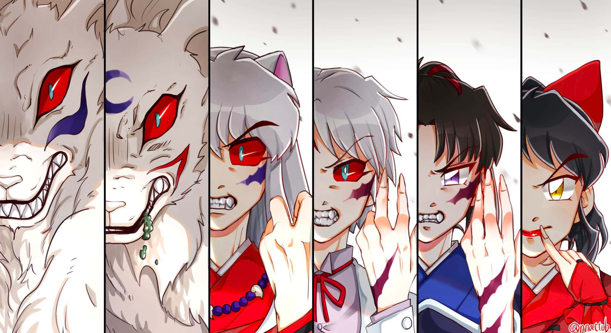 Inuyasha Yokai 桌布 壁紙 — 六個擁有紅色眼睛和惡魔特徵的動漫角色以垂直條狀顯示，每個都展現出強烈的表情。
