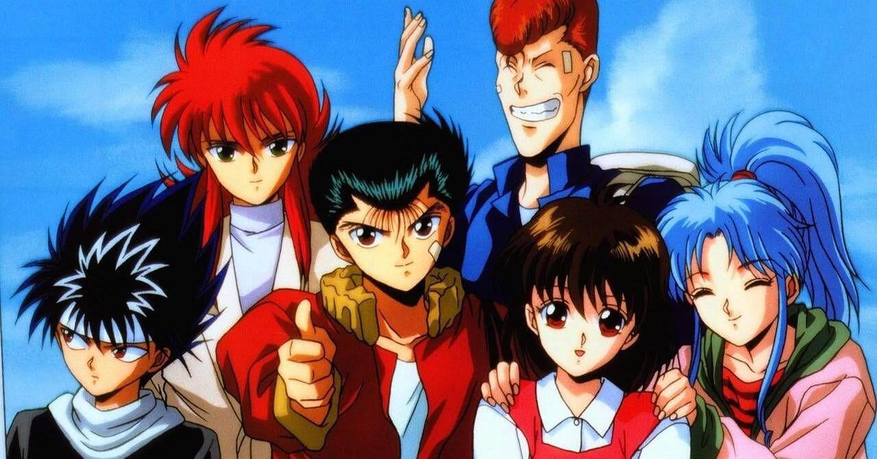 cute anime characters 桌布 壁紙 — 六個擁有鮮豔髮色的動漫角色在明亮的藍天下自信地擺姿勢。