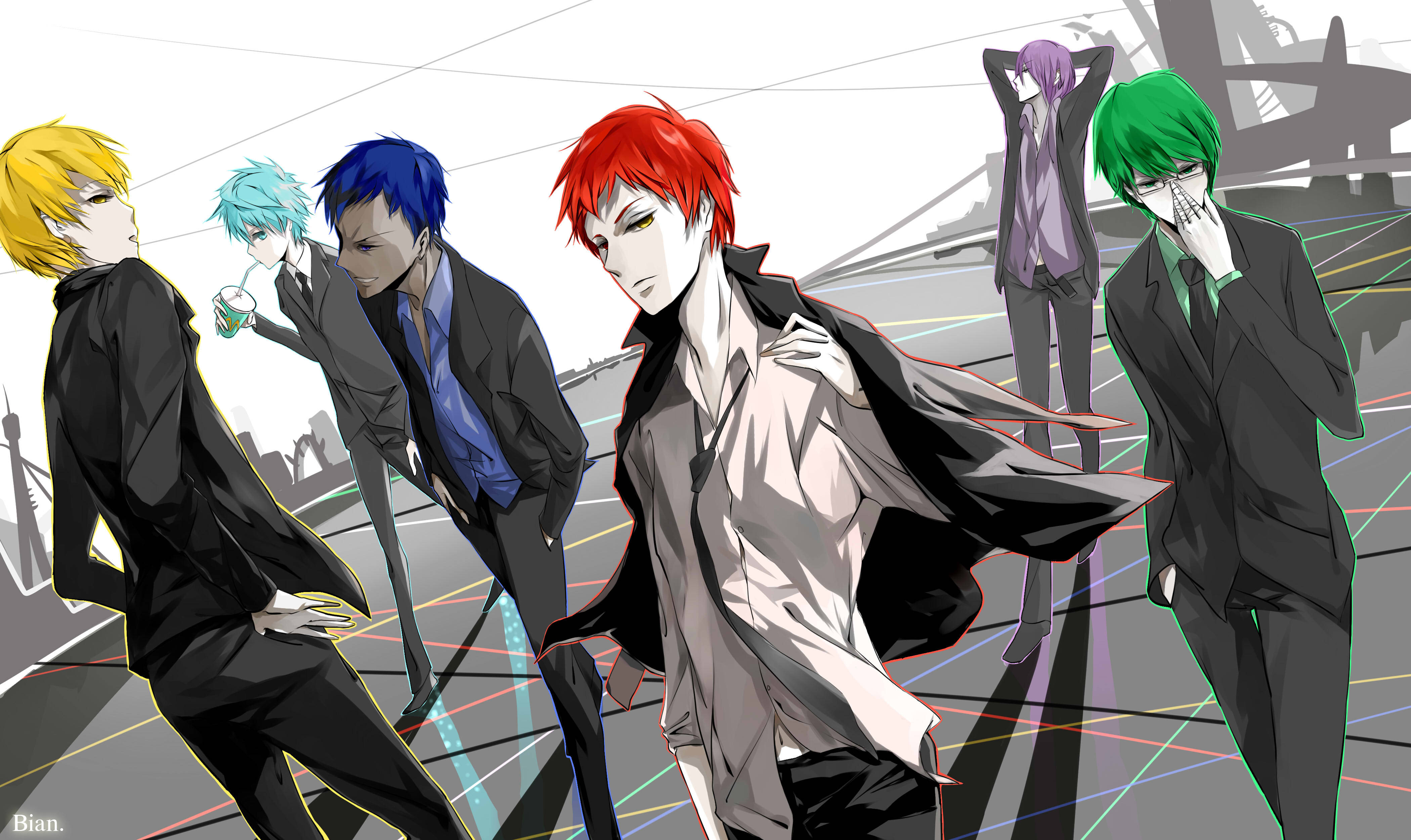 Kuroko 桌布 壁紙 — 六個擁有鮮豔髮色的動漫角色自信地站在一個帶有發光線條的風格化城市環境中。