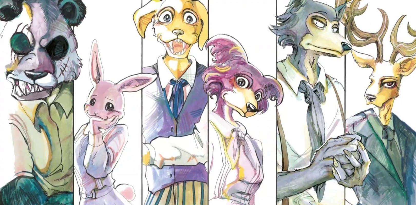 獸星 桌布 壁紙 — 六個擬人化動物角色穿著商務服裝，以多樣的表情和色彩繽紛的服裝站成一排。
