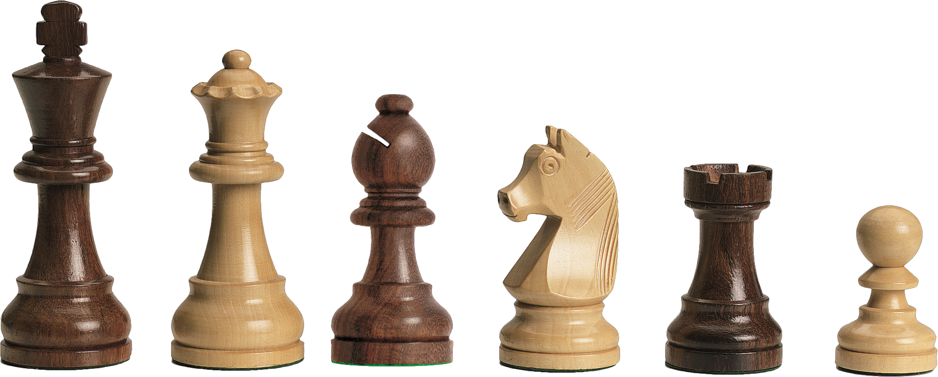 西洋棋 桌布 壁紙 — 六個木製西洋棋棋子，深淺色調交替，排列在一行，背景為純白色。