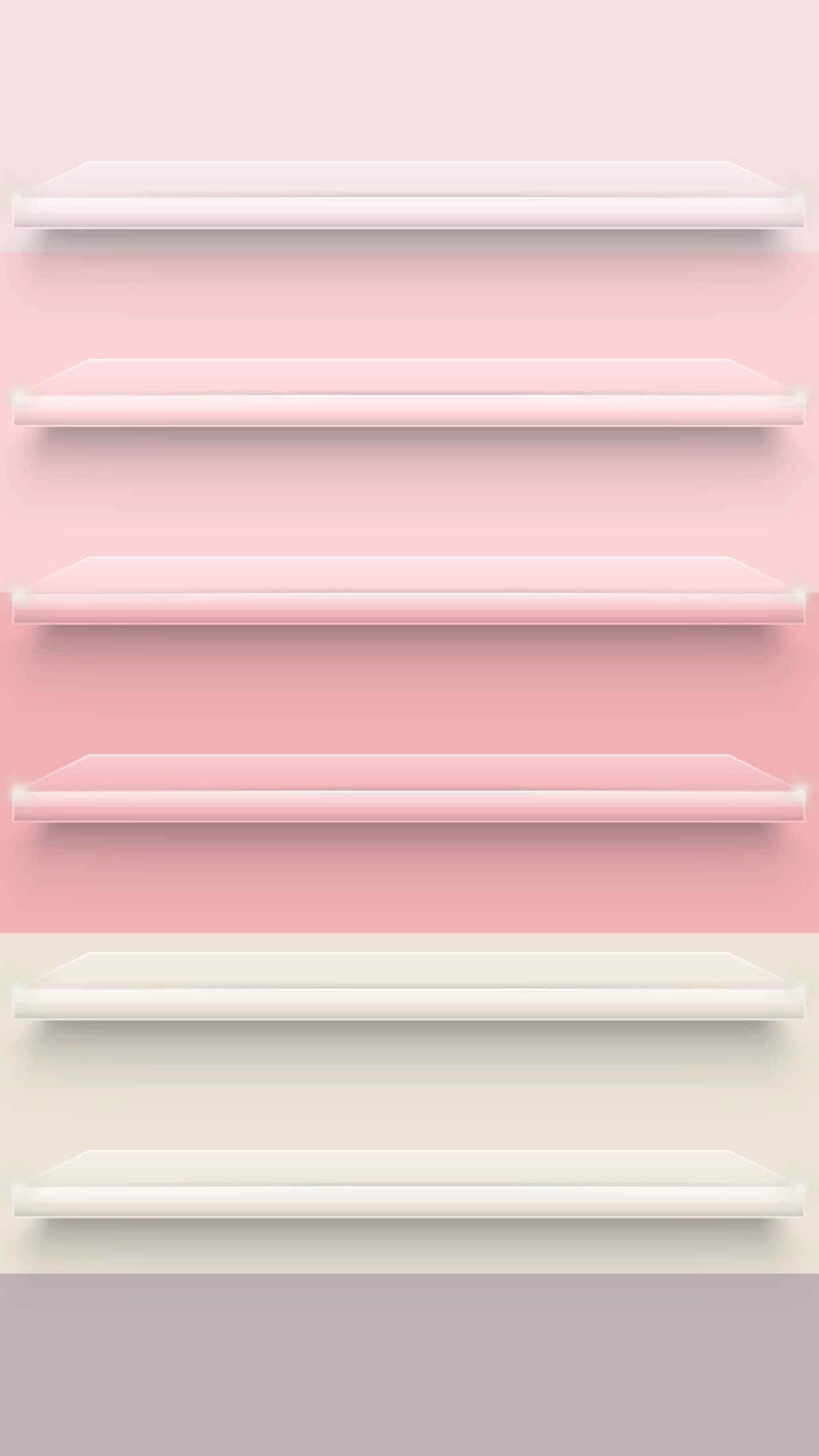 iPhone Home Screen 桌布 壁紙 — 六個極簡風格的浮動層架，以柔和粉彩漸變色調懸掛在漸變牆上。