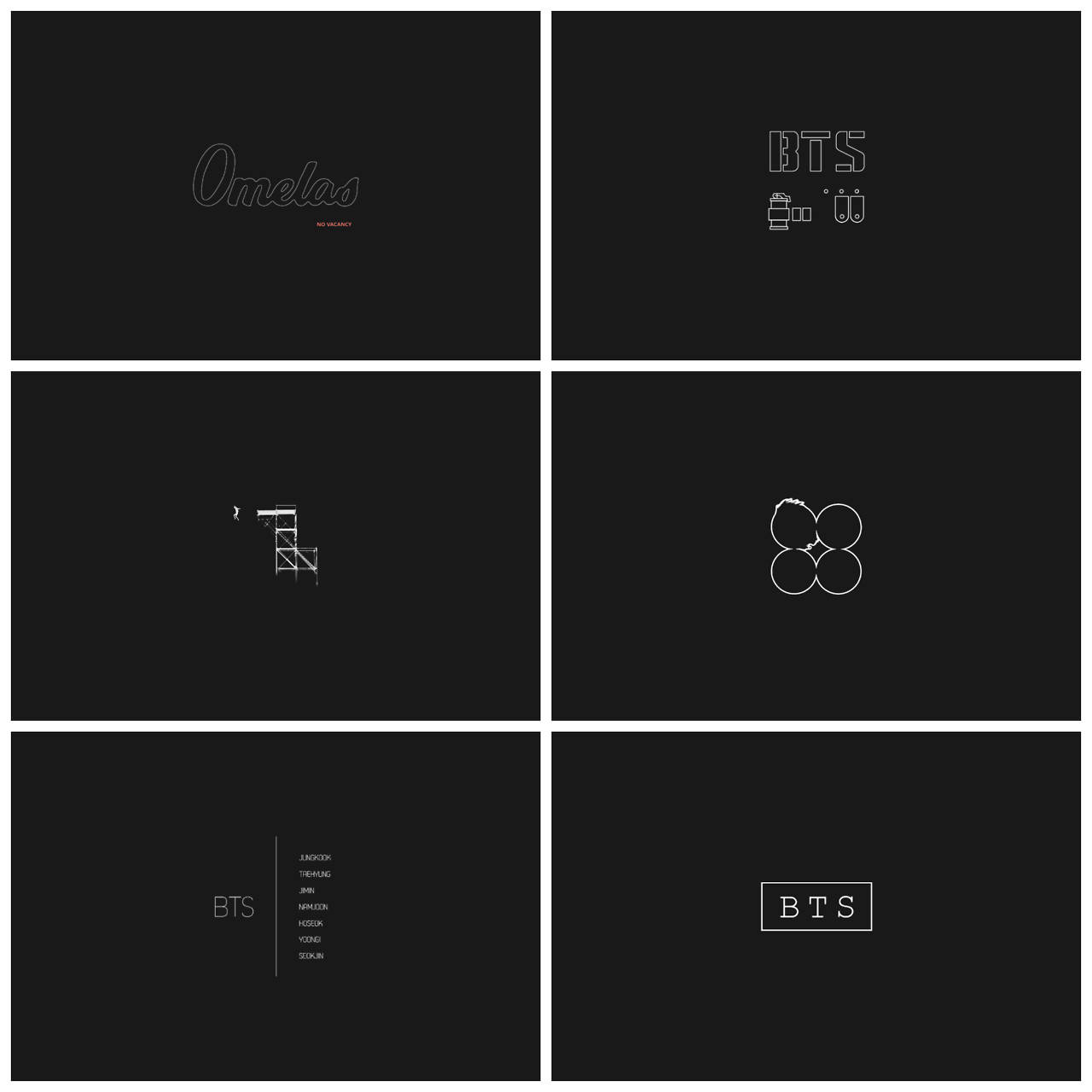 Bts Black 桌布 壁紙 — 六個極簡黑色面板以乾淨的現代設計展示BTS標誌和成員名字的白色線條藝術和字體。